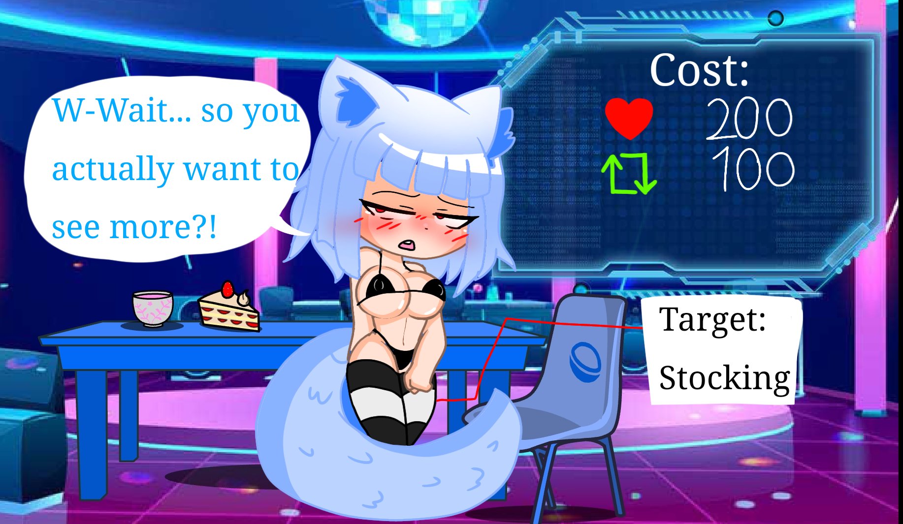 1girls, background, bikini, blue hair, blush, cake, cat ears, cat girl, cat tail, catdragona, catgirl, chair, dialogue, disco ball, female, gacha, gacha heat, iris (irisdaonly), irisdaonly (artist), light skin, light-skinned female, oerba yun fang, part of a set, red eyes, solo, strip game, stripping, sweat, tail, thighhighs