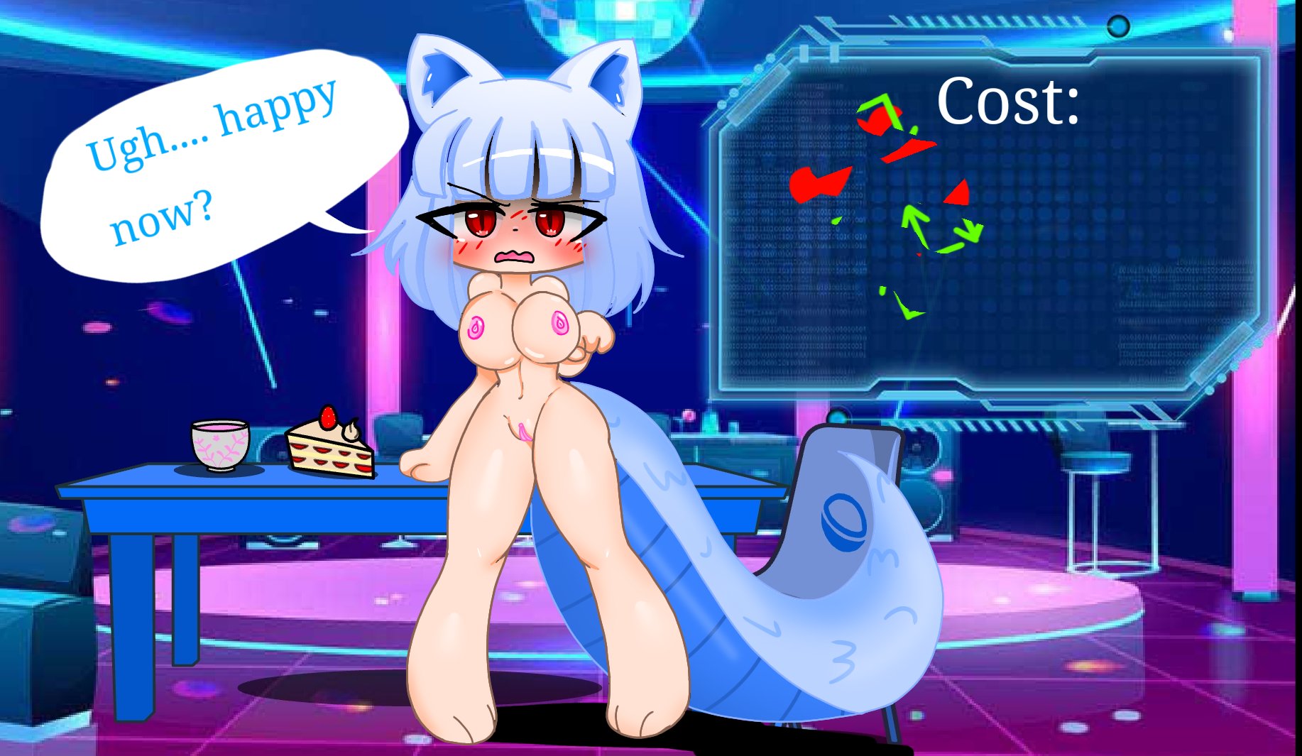 1girls, background, blue hair, breasts, cake, cat ears, cat girl, cat tail, catdragona, catgirl, chair, dialogue, disco ball, female, gacha, gacha heat, iris (irisdaonly), irisdaonly (artist), light skin, light-skinned female, naked, nipples, nude, part of a set, pussy, red eyes, solo, strip game, stripping