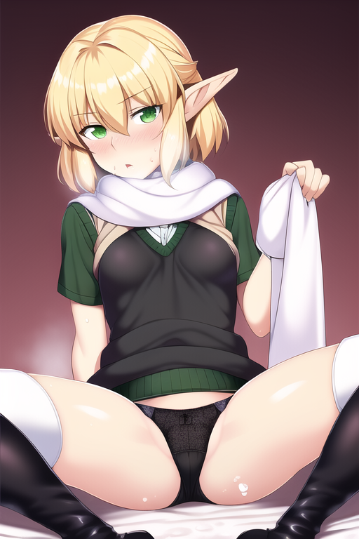 1girls ai_generated black_boots black_panties black_shirt blonde_hair blush boots elf_ears female green_eyes heavy_breathing high_boots holding_scarf legs_spread light-skinned_female light_skin looking_at_viewer mizuhashi_parsee nai_diffusion panties pointy_ears red_blush scarf socks stable_diffusion sweater sweater_vest touhou white_socks