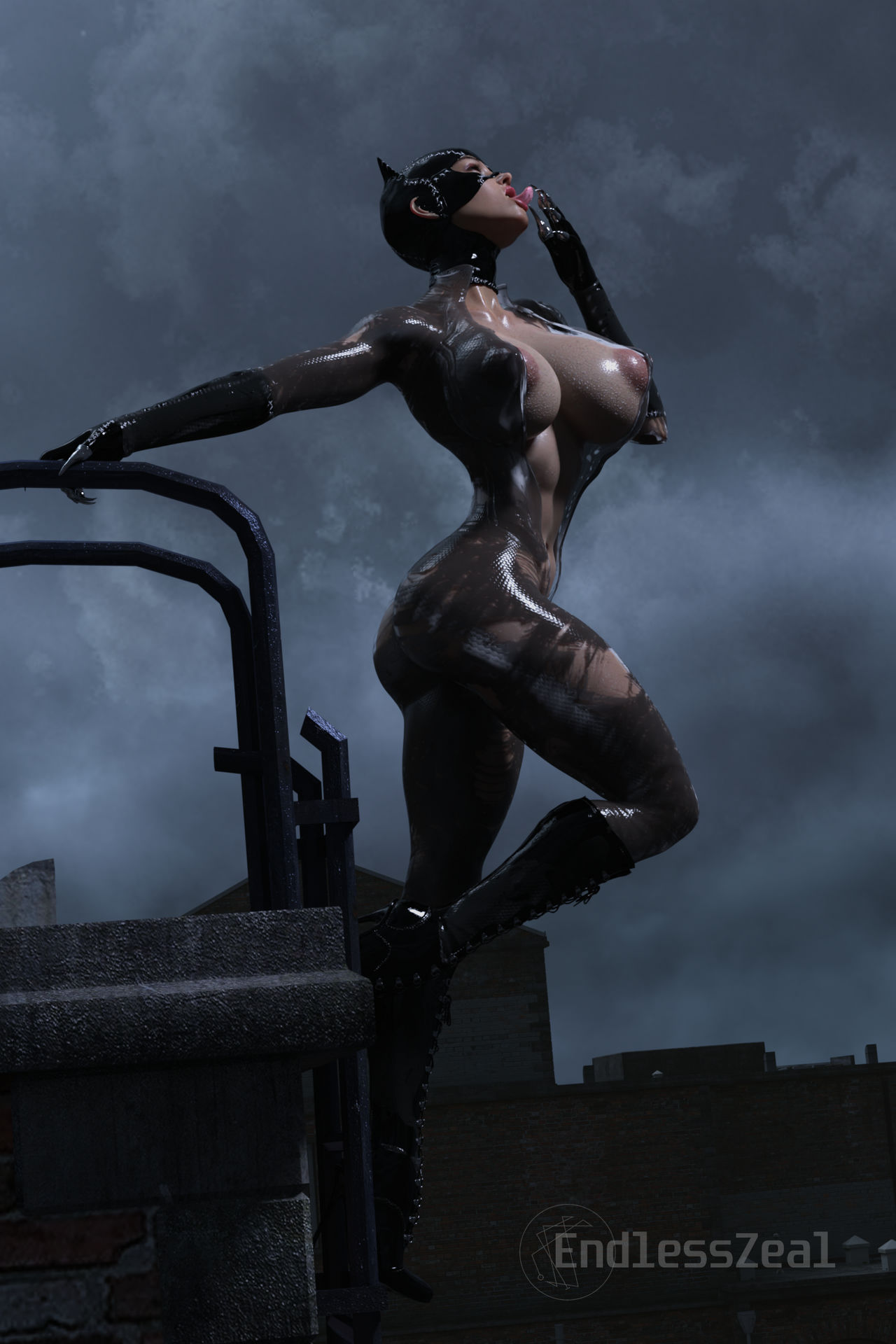 1girls, 3d, 3d (artwork), abs, artist name, ass, batman (series), batman returns, big breasts, bodysuit, boots, breasts, busty, catwoman, catwoman (michelle pfeiffer), curvaceous, curvy, dc, dc comics, digital media (artwork), endlesszeal, eyebrows, eyelashes, female, female only, high heel boots, high heels, hourglass figure, huge breasts, legs, licking, light skin, light-skinned female, lips, open bodysuit, puffy nipples, selina kyle, solo, thief, thighs, top heavy, villain, villainess, voluptuous, waist, watermark, wet