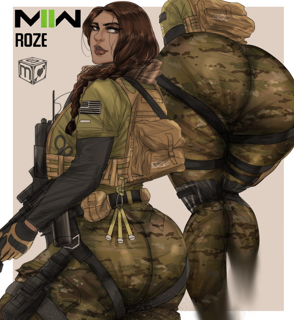 1girls alternate_skin_color ass black_hair brunette call_of_duty call_of_duty_modern_warfare_2_(2022) caucasian dark_hair digital_drawing_(artwork) digital_media_(artwork) female fully_clothed light-skinned_female light_skin military modern_warfare roze_(cod) sekushimagik