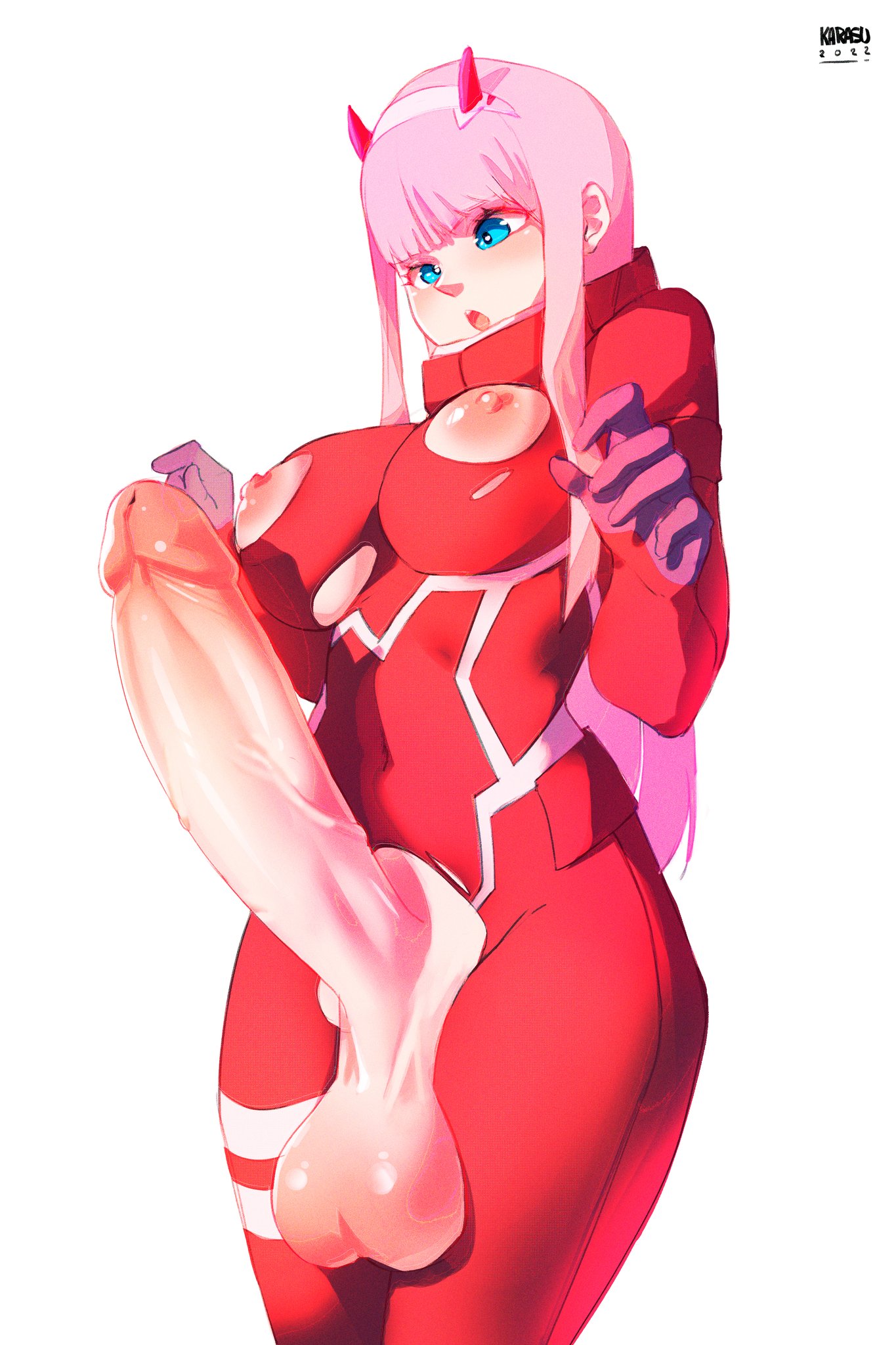 1futa, 2022, areolae, balls, bangs, big balls, big breasts, breasts, clothed, clothing, crotchless, darling in the franxx, erection, functionally nude, futa only, futanari, horny, huge cock, human, intersex, karasuart07, light skin, light-skinned futa, long hair, mostly clothed, nipples, penis, pink hair, solo, standing, thick thighs, wide hips, zero two (darling in the franxx)