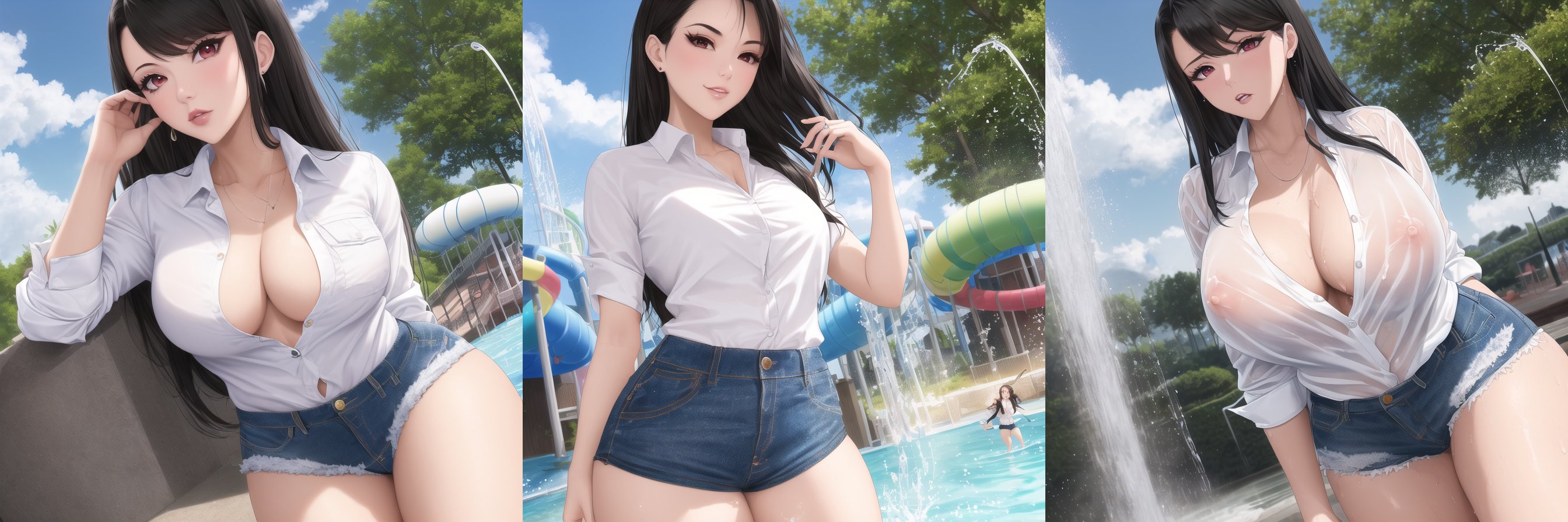 ai generated, black hair, breasts, denim shorts, drenched, female, female only, final fantasy, final fantasy vii, large breasts, nai diffusion, nipples, red eyes, see-through, see-through clothing, shirt, stable diffusion, tifa lockhart, water