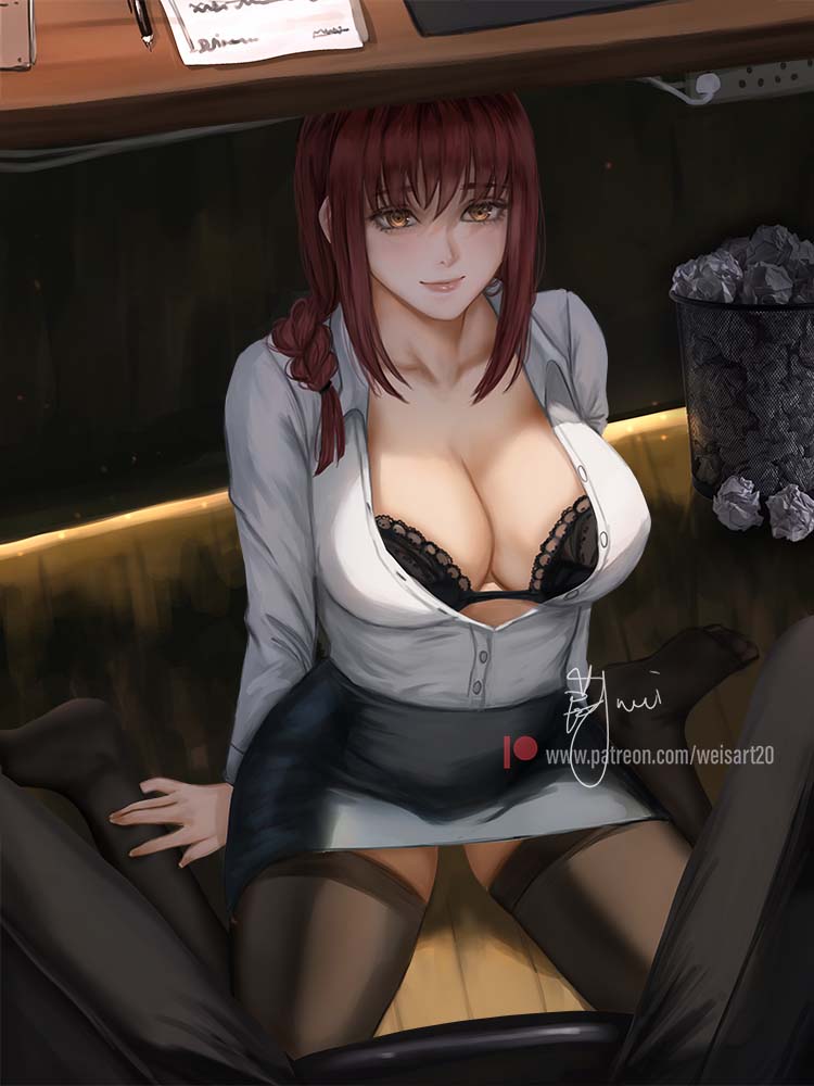 1boy 1girls artist_signature black_bra black_socks bra braided_hair breasts chainsaw_man clothed clothed_female female kneeling large_breasts light-skinned_female light_skin long_hair looking_at_viewer makima_(chainsaw_man) male male_pov office_lady pov red_hair short_skirt skirt socks spread_legs thigh_socks thighhighs under_desk weisart yellow_eyes