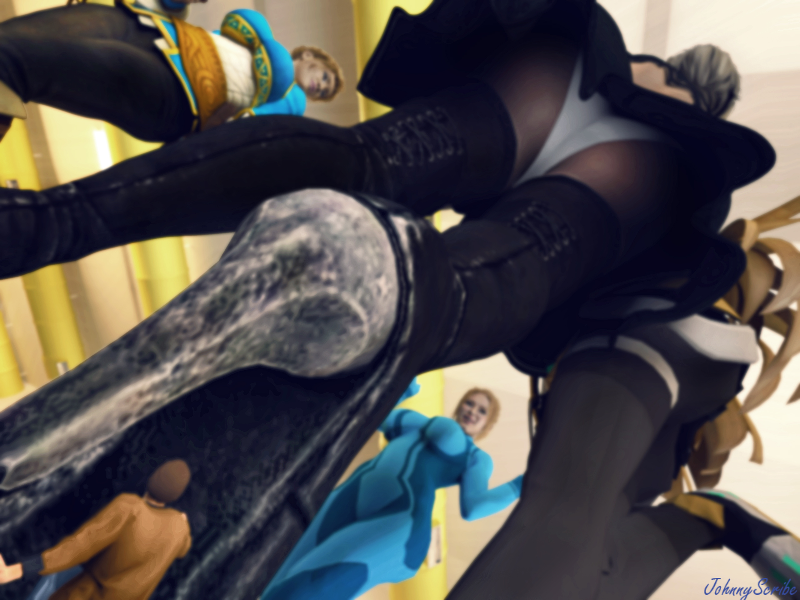 1boy, 3d, 4girls, ass, big ass, big breasts, breasts, breath of the wild, clothed, clothing, female, giantess, heels, johnnyscribe, light skin, light-skinned female, low-angle view, male, metroid, micro, mythra, nier, nier: automata, pantyshot, princess zelda, samus aran, shrunk, shrunken male, skirt, the legend of zelda, thighhighs, upskirt, white hair, xenoblade (series), xenoblade chronicles 2, yorha 2b, zelda (breath of the wild), zero suit, zero suit samus