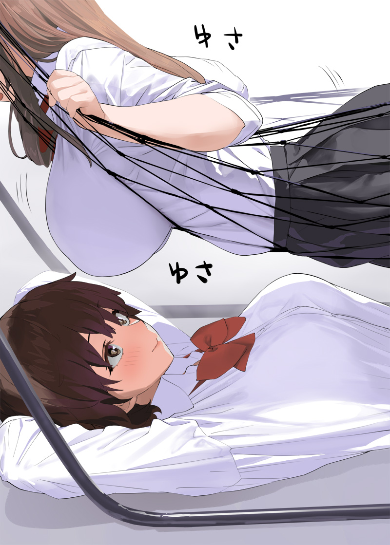 2girls big_breasts blush breasts brown_hair female female_focus hammock kaisen_chuui large_breasts long_hair original school_uniform schoolgirl short_hair skirt white_background