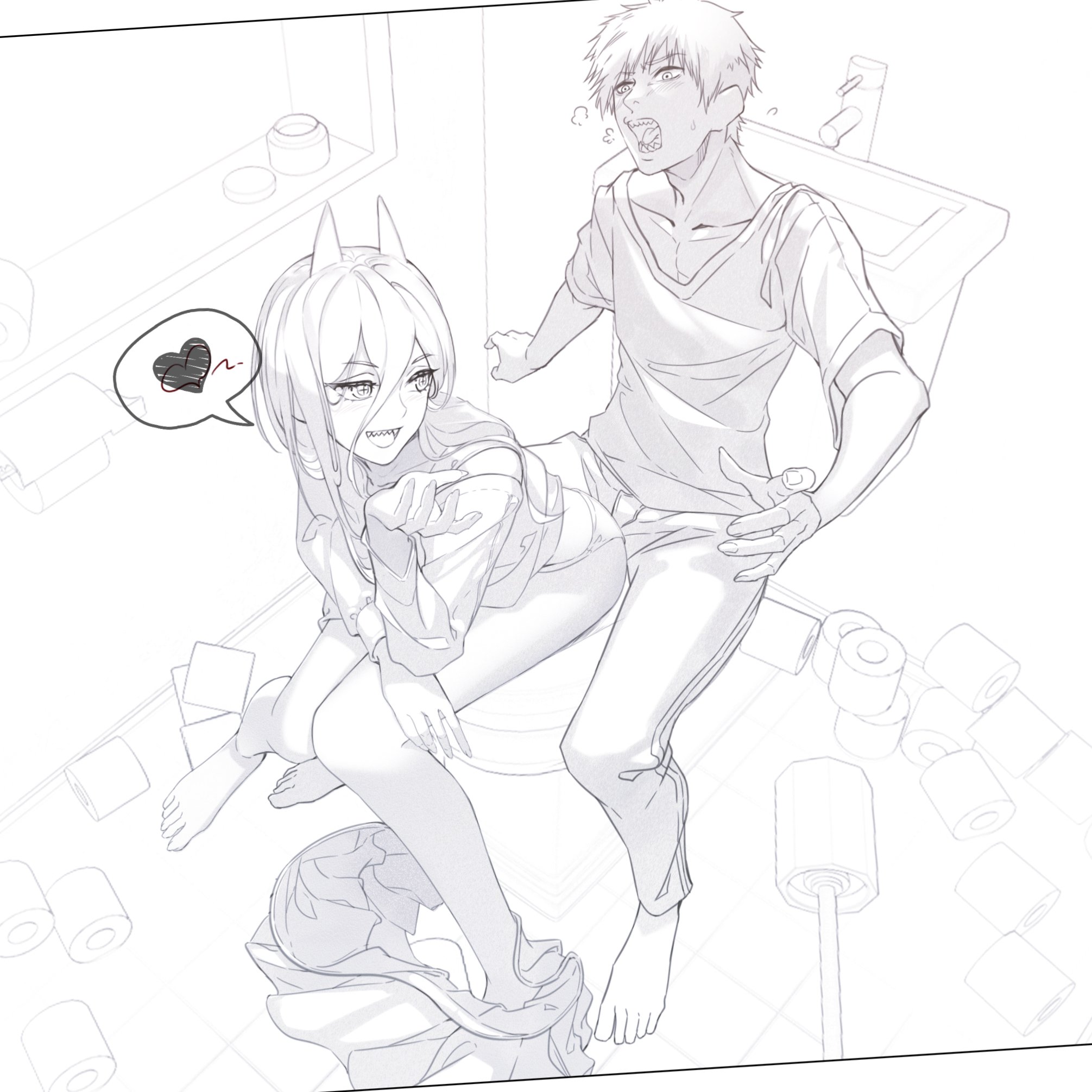 1boy, 1girls, bathroom, chainsaw man, denji (chainsaw man), female, horns, imminent sex, male, panties, power (chainsaw man), toilet, user knje2344