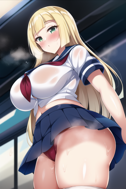 1girls, aged up, ai generated, alternate breast size, blonde hair, breasts, female, game freak, green eyes, hips, huge breasts, indoors, large breasts, light skin, light-skinned female, lillie (pokemon), long hair, nai diffusion, nintendo, pokemon, pokemon sm, school uniform, schoolgirl, short skirt, skirt, slim waist, stable diffusion, thick thighs, wide hips