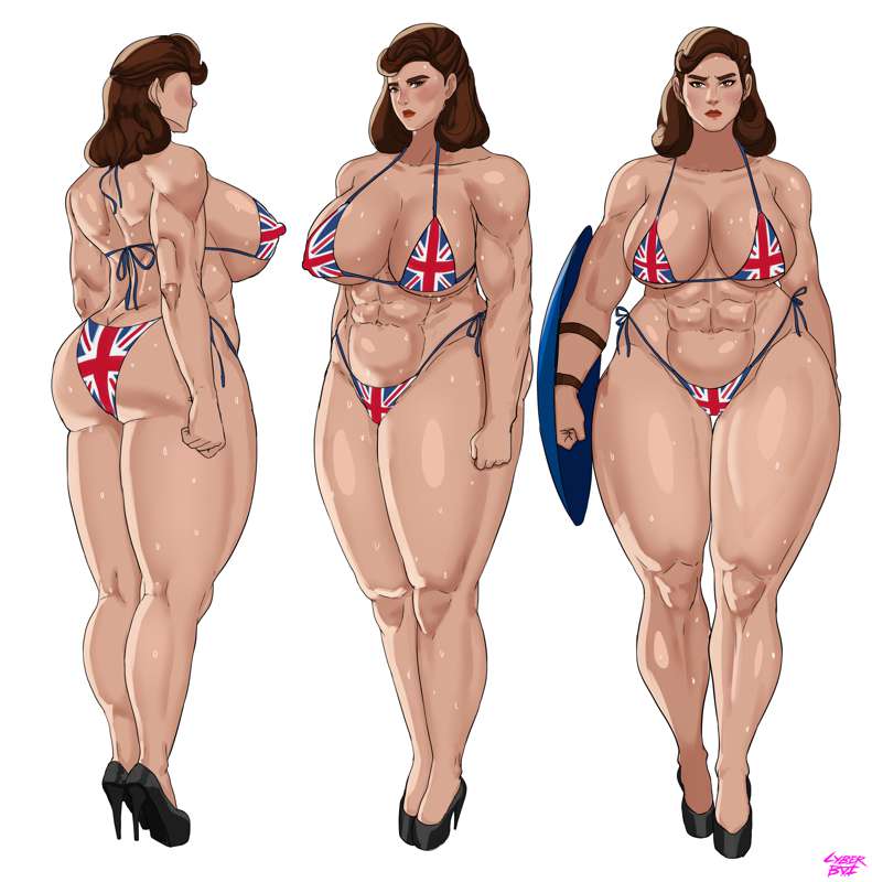 abs, ass, biceps, big ass, bikini, breasts, captain america (series), captain carter, cyberboi, female, flag, flag bikini, flag print, high heels, large breasts, marvel, marvel cinematic universe, marvel comics, muscular, muscular female, peggy carter, shield, string bikini, sweat, sweatdrop, sweaty, thick thighs, thighs, union jack, union jack bikini, venus body, wide hips
