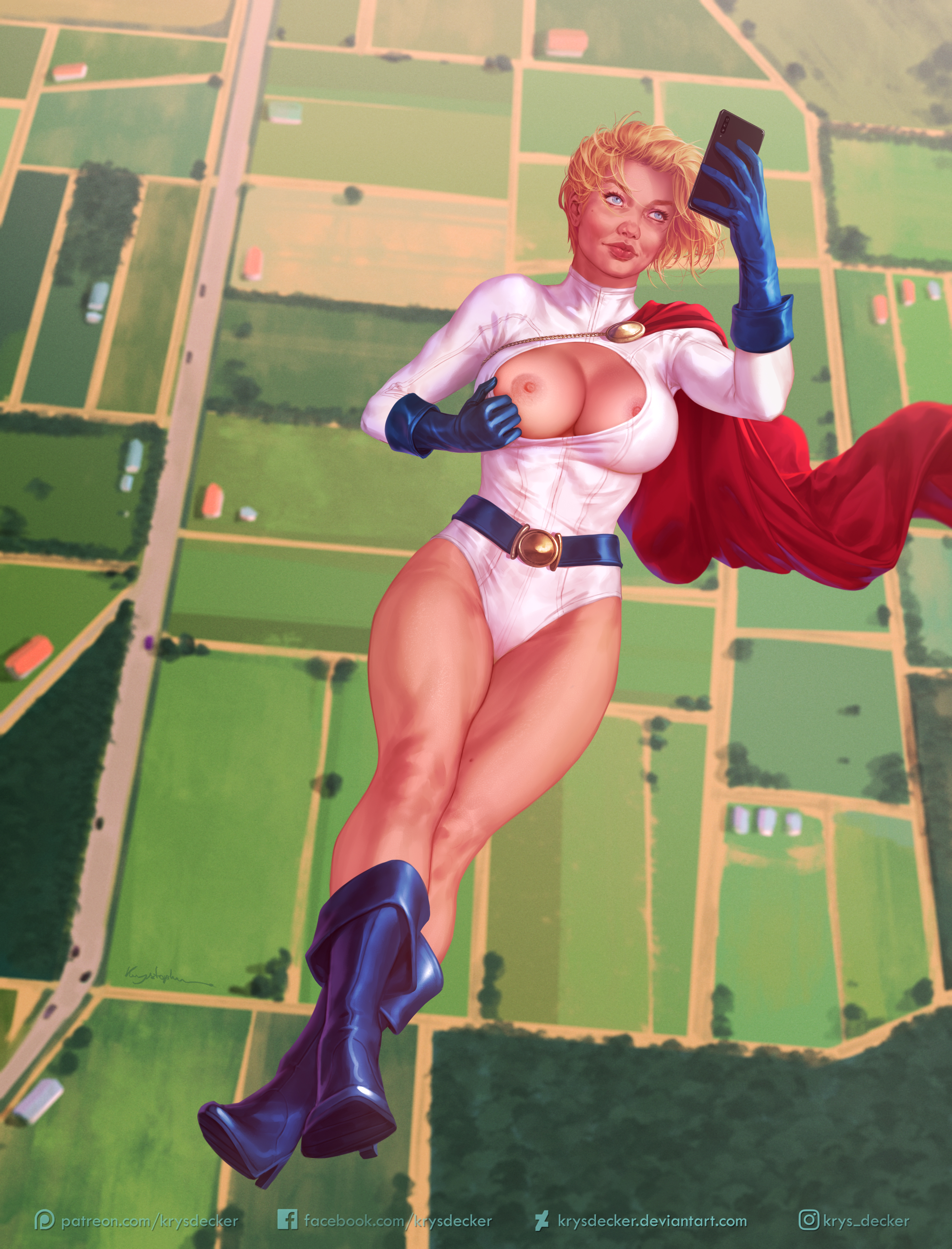 1girls, breasts, cellphone, dc, dc comics, exposed breasts, female, flying, kara zor-l, karen starr, krysdecker, nipples, pinup, power girl, solo female, superheroine, superman (series)
