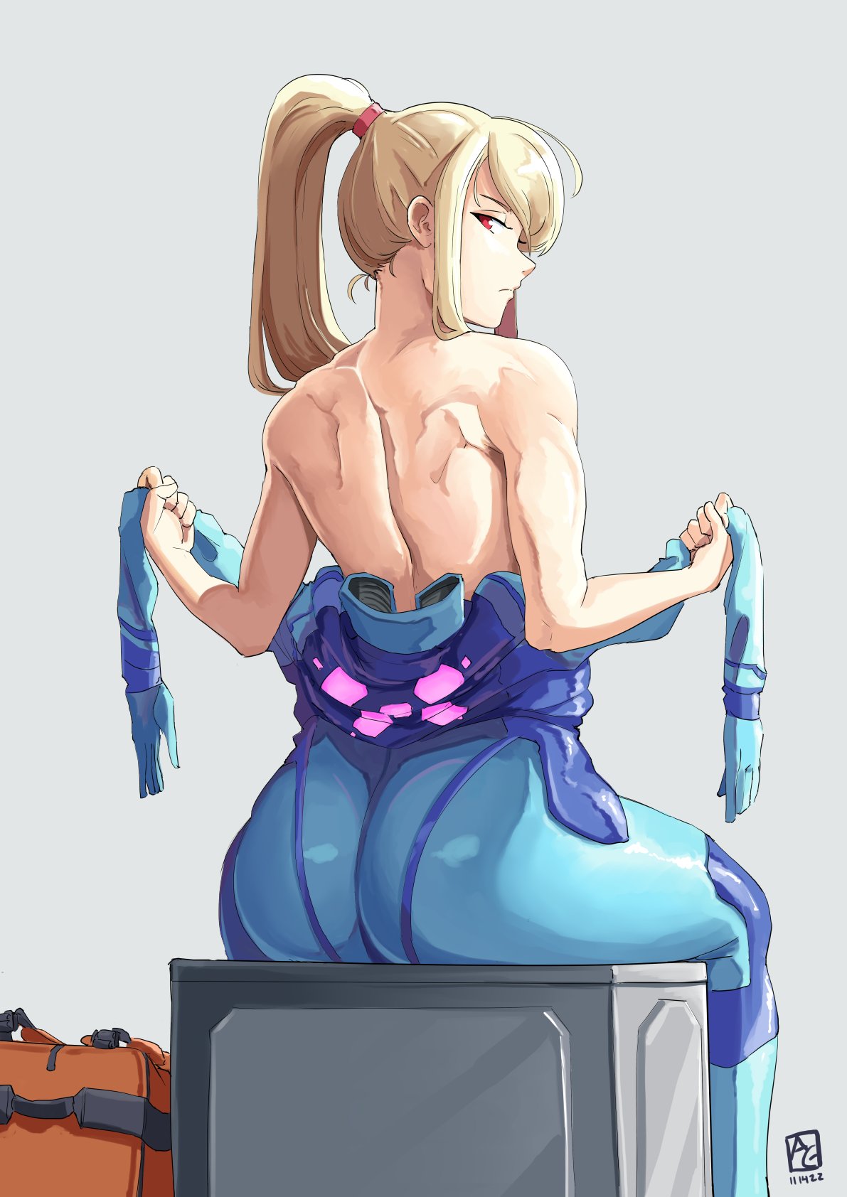 ass ass_focus automatic_giraffe back back_muscles back_view blonde_hair bodysuit female fit_female from_behind jumpsuit long_hair looking_back metroid muscular muscular_female ponytail red_eyes samus_aran thick_ass toned_female undressing unzipped_bodysuit unzipped_zero_suit zero_suit zero_suit_samus