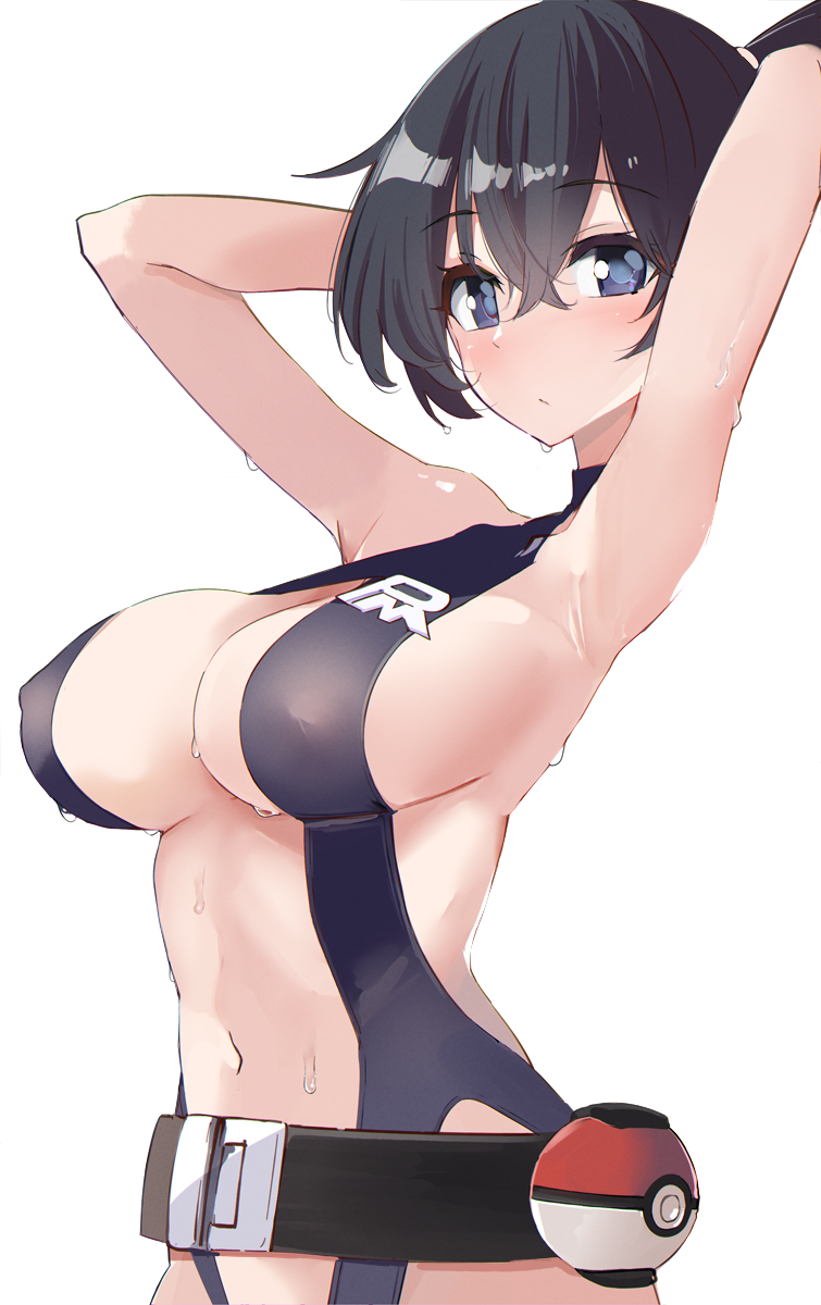 1girls armpits arms_up bangs belt black_hair black_leotard blue_eyes blush breasts cleavage closed_eyes highres kamukamu_(ars) kasumi_(pokemon) large_breasts leotard looking_at_viewer pokeball pokemon pokemon:_the_electric_tale_of_pikachu pokemon_(manga) revealing_clothes short_hair simple_background solo the_electric_tale_of_pikachu white_background