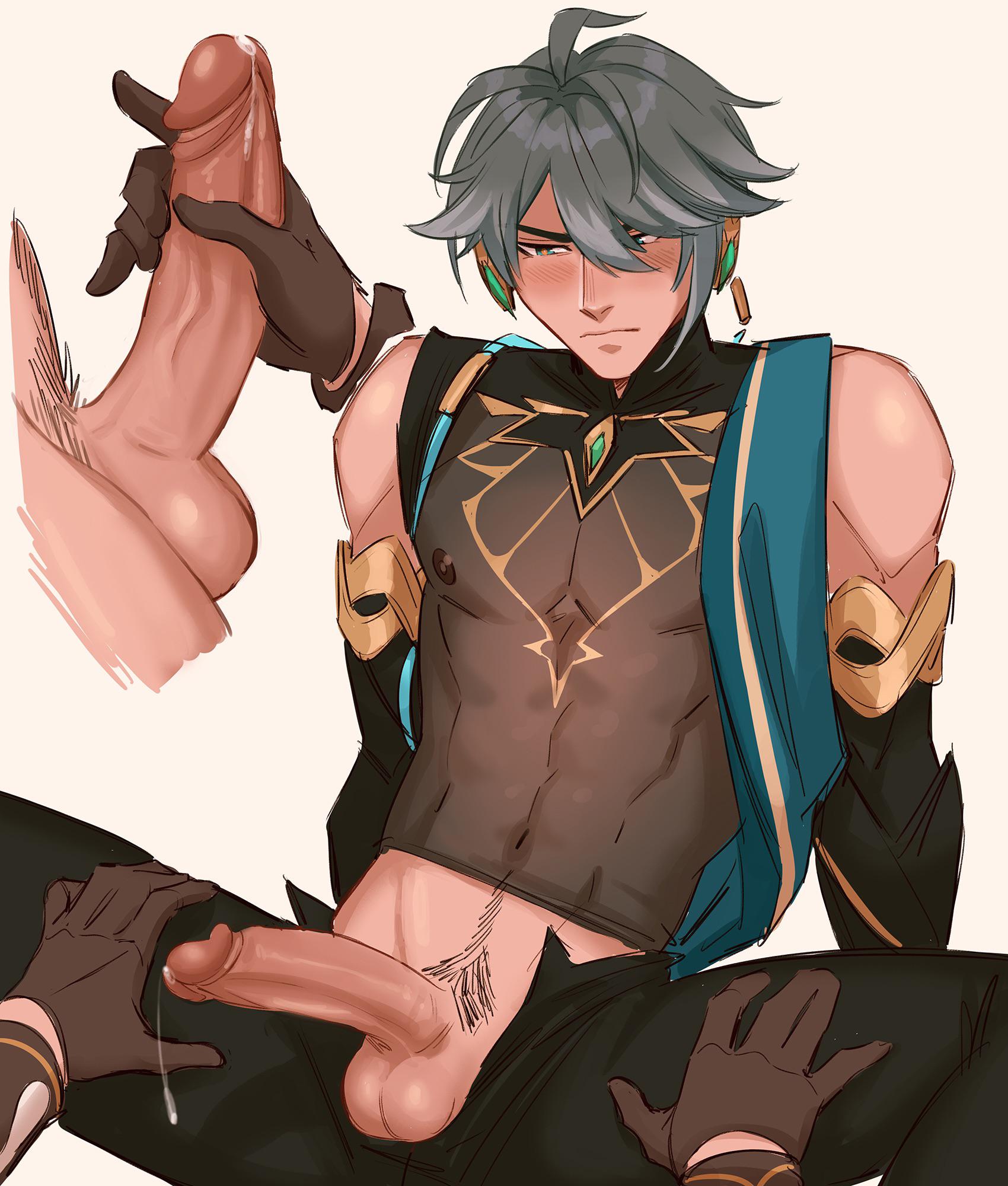aether (genshin impact), alhaitham (genshin impact), blush, clothed, clothing, dick, gay, genshin impact, male, male only, penis, sombre slahc, spread legs, yaoi