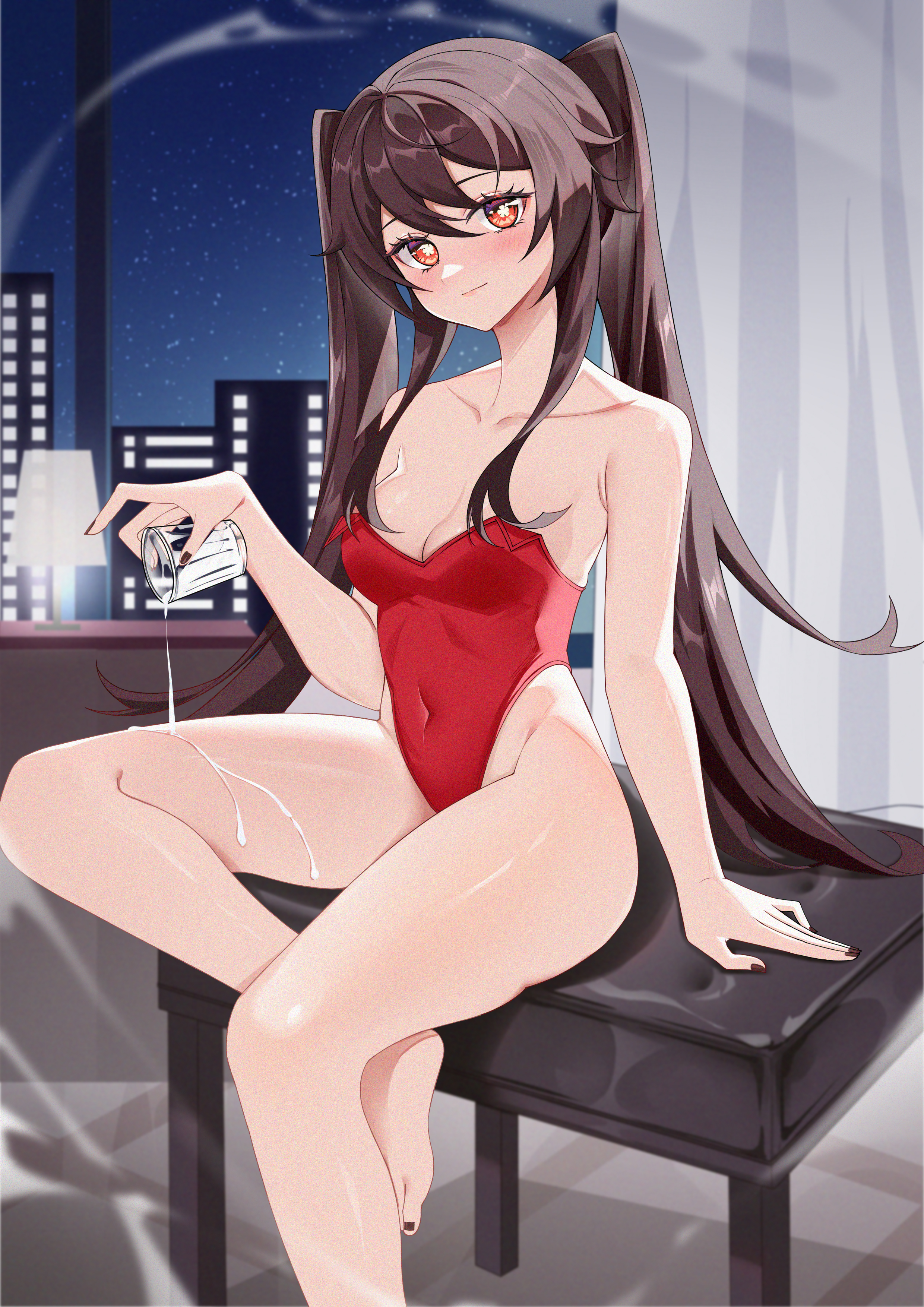 1girls, bare legs, blush, breasts, brown hair, cleavage, feet, female, female only, genshin impact, hamao, hi res, hu tao (genshin impact), leotard, looking at viewer, red eyes, red leotard, sitting, small breasts, solo, spill, teasing, thick thighs, thighs, toes, twintails