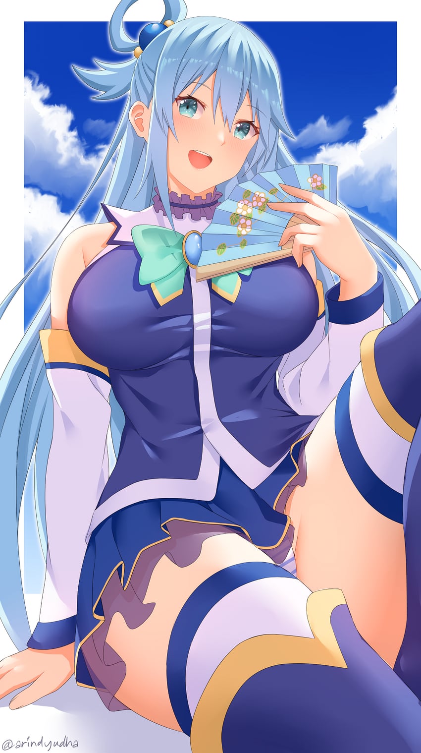 1girls aqua_(konosuba) arind_yudha bangs bare_shoulders blue_eyes blue_footwear blue_hair blush boots breasts brooch detached_sleeves folding_fan hair_ornament hand_fan highres holding holding_fan jewelry kono_subarashii_sekai_ni_shukufuku_wo! large_breasts light-skinned_female light_skin long_hair long_sleeves open_mouth panties sitting smile socks solo striped striped_panties thigh_boots thigh_socks thighhighs thighhighs_under_boots thighs underwear white_sleeves white_socks