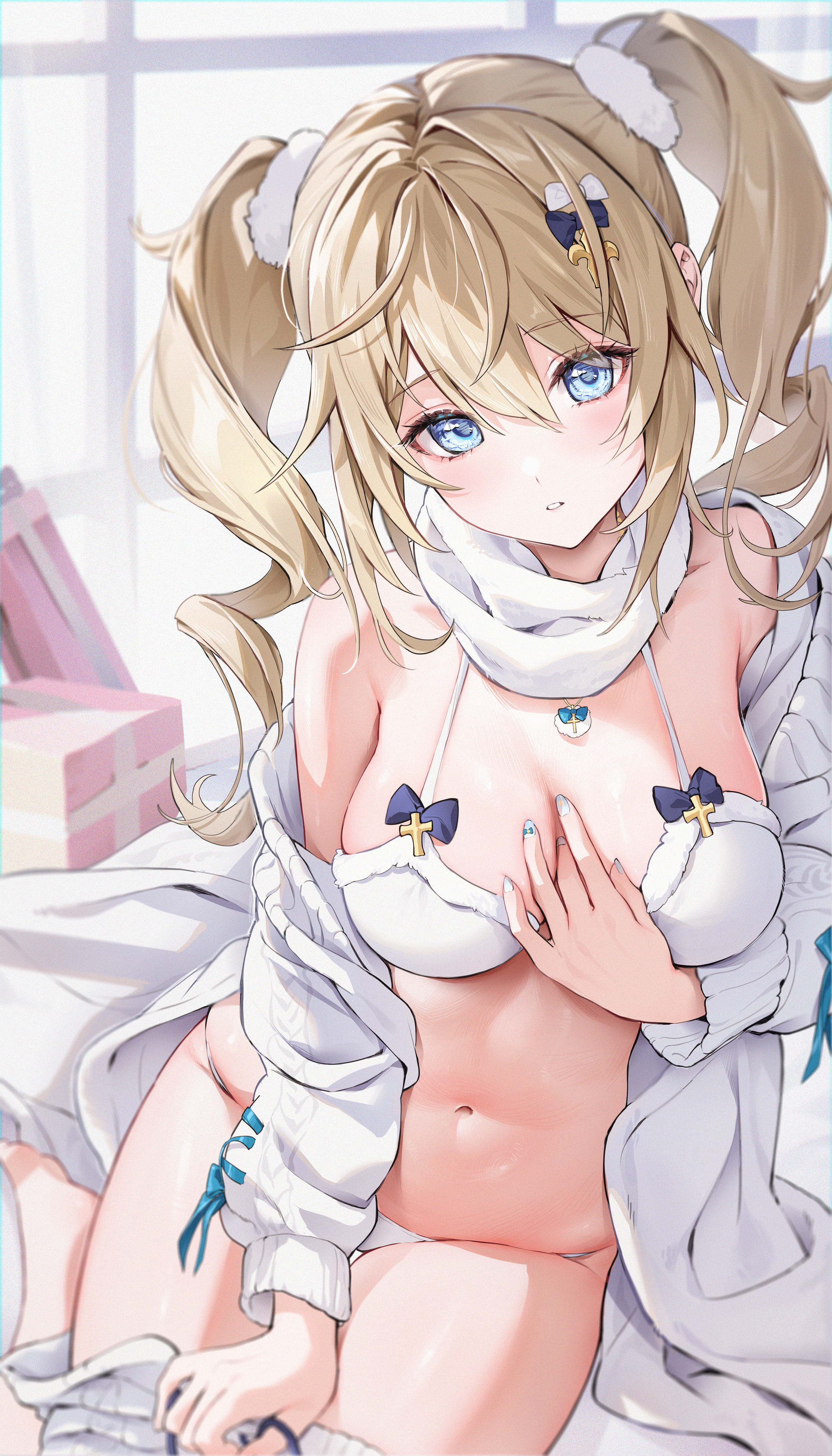 1girls, barbara (genshin impact), belly, belly button, blonde hair, blue eyes, blush, breasts, cute, female, genshin impact, hand on breast, hi res, houkiboshi (mmjw7432), light skin, light-skinned female, looking at viewer, nail polish, navel, nun, seductive, sweater, twintails, undressing, white bra, white panties