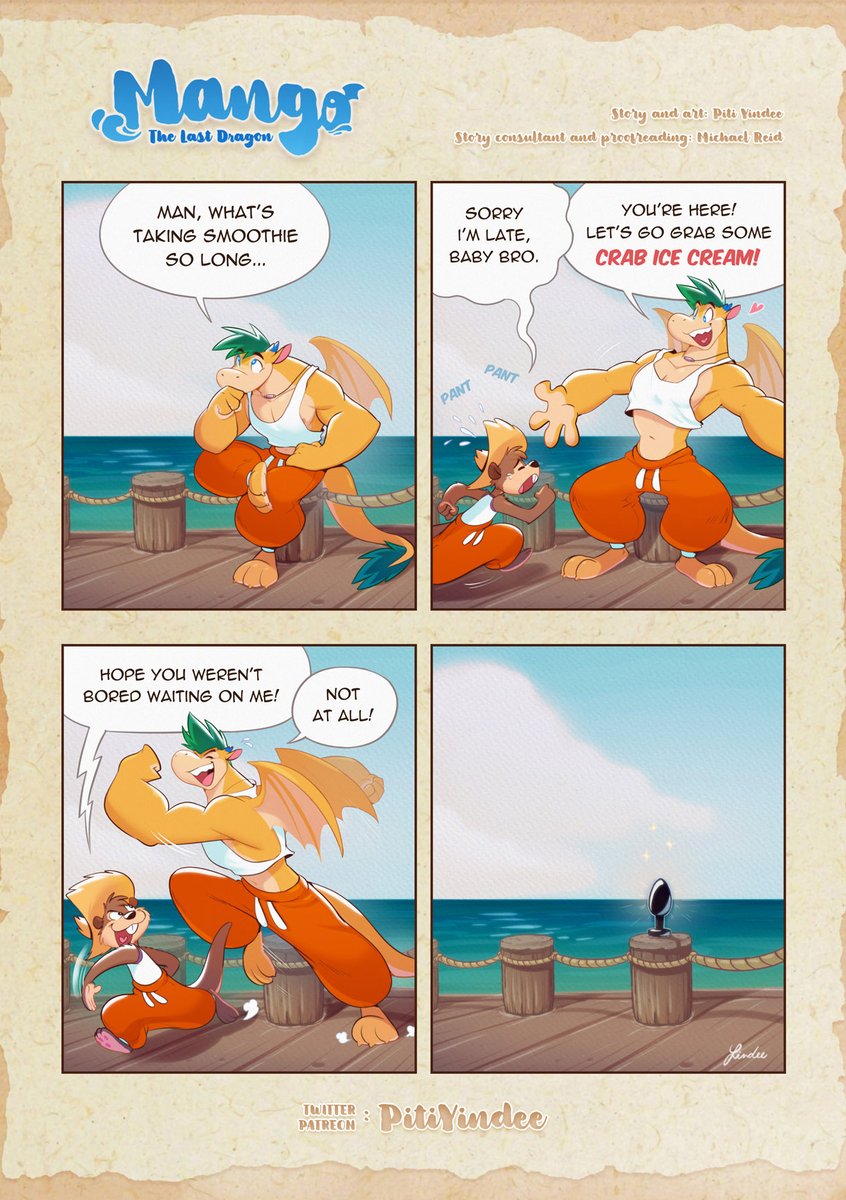 anthro bottomwear breath buttplug clothing comic dialogue dragon duo english_text hat headgear headwear heart hi_res lutrine male mammal muscular muscular_male mustelid panting pants piti_yindee plug_(sex_toy) sea sex_toy shirt sky speech_bubble spread_arms spread_wings tank_top text topwear water watermark wings