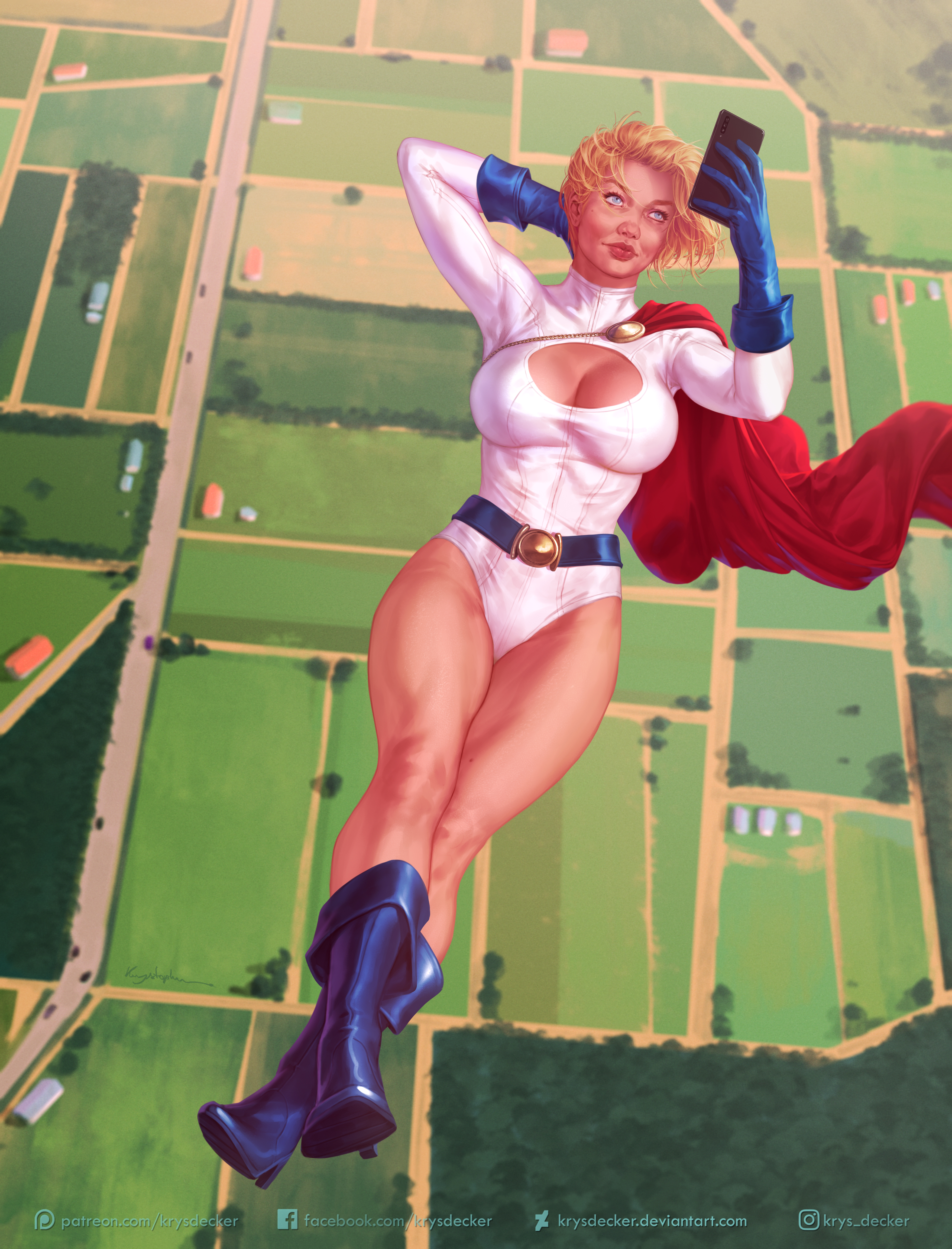 1girls, breasts, cellphone, dc, dc comics, female, flying, kara zor-l, karen starr, krysdecker, pinup, power girl, superheroine, superman (series)