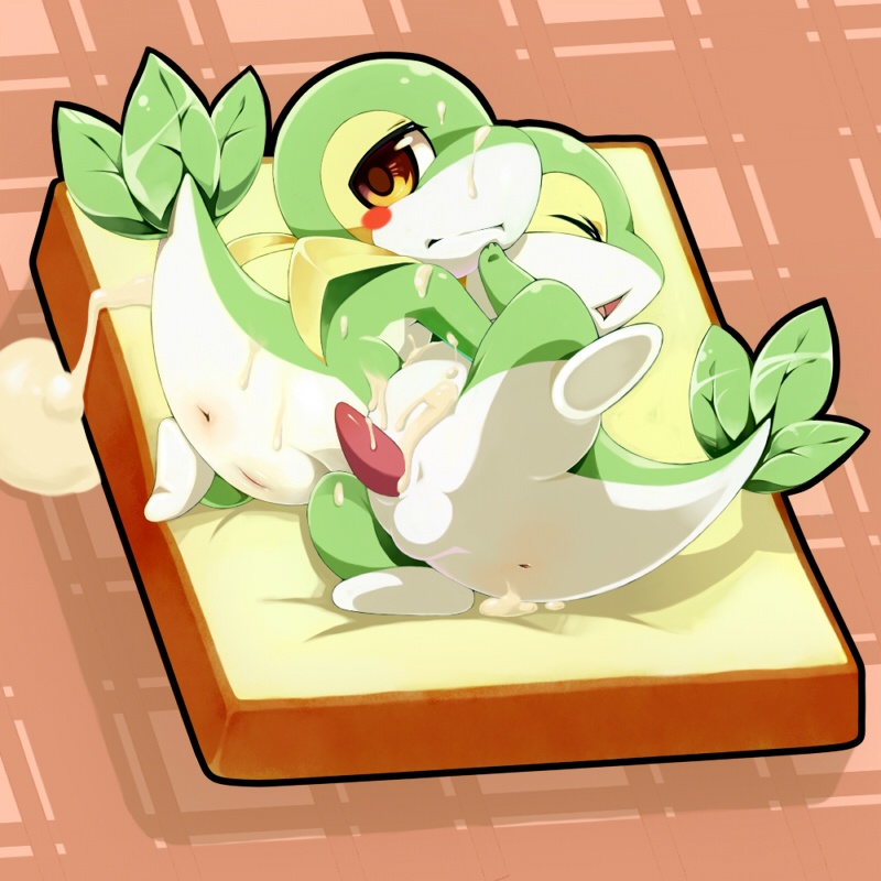 anus blush bread closed_eyes cum cum_covered female half-closed_eyes hug male mayonnaise messy mumu_(artist) nintendo on_front on_side open_mouth penis pokemon pokemon_(species) pussy raised_tail snivy spread_legs spreading tail yellow_eyes