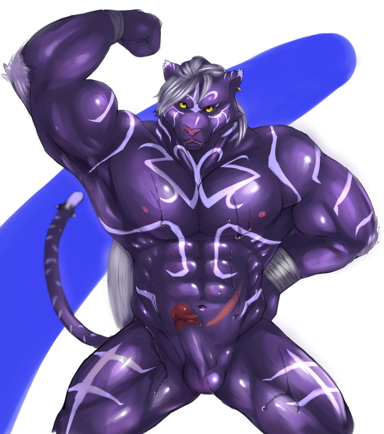 1boy armpits balls biceps big_muscles bodybuilder ear_piercing erection feline flexing male male_only muscles muscular muscular_armpits muscular_male nipples nude onmyou_taisenki penis piercing rangetsu solo sweat tail tiger