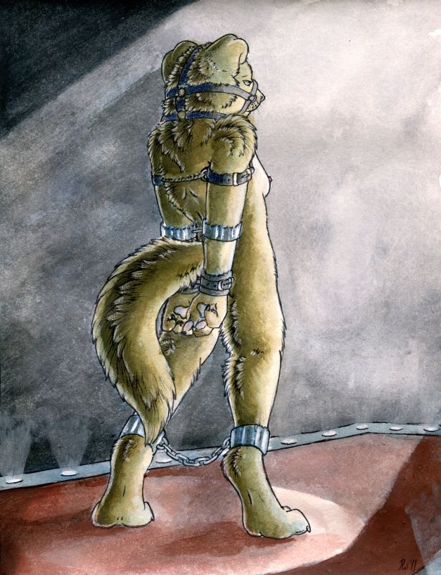 ankle_cuffs anthro arms_behind_back audience bondage breasts canine catwalk chains cuffs female fur furry nude ruaidri sideboob solo stage standing wrist_cuffs