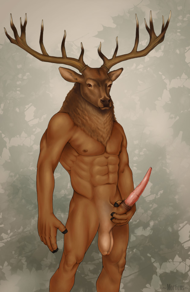 1boy anthro antlers balls elk erection horns male male_only morticus nude penis pose solo stag tapering_penis