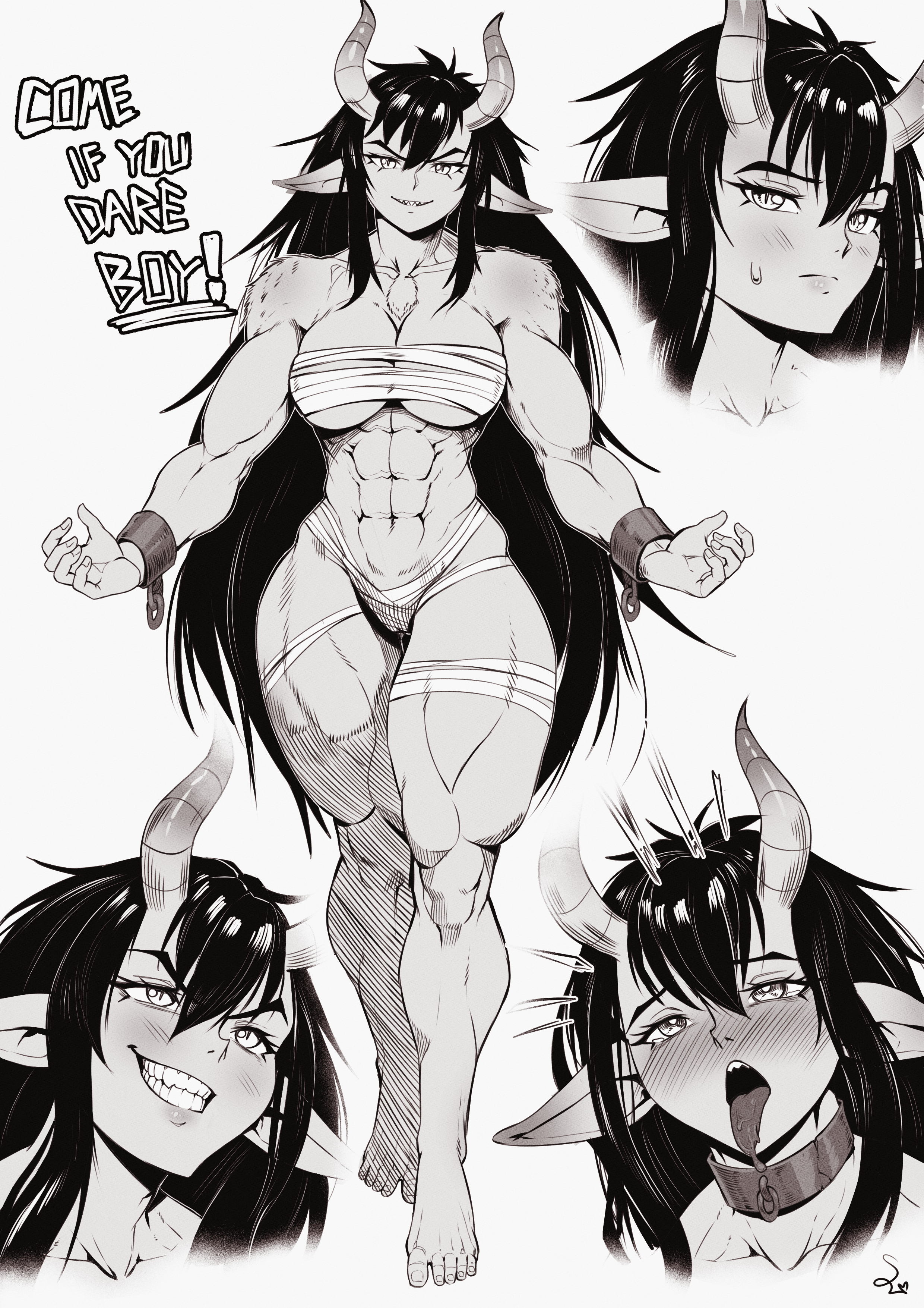 1girls, abs, absurd res, ahe gao, artist signature, bandage, biceps, big breasts, black hair, blush, breasts, cameltoe, collar, collarbone, cuffs, demon, demon girl, demon horns, english text, eyelashes, female, female focus, female only, greyscale, grin, hair between eyes, hi res, horn, long hair, looking at viewer, monochrome, multiple views, muscular, muscular arms, muscular female, muscular legs, navel, oni, open mouth, original, original character, pointy ears, pussy, sarashi, serratus anterior, shackles, sharp teeth, sidelocks, simple background, slit pupils, smile, speedl00ver, sweatdrop, text, thick thighs, tongue, tongue out, very long hair