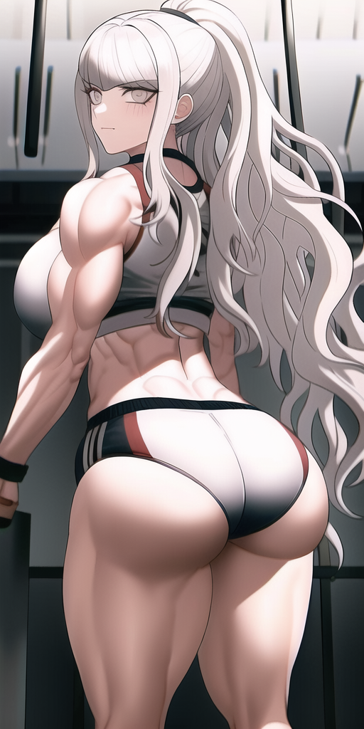 ai_generated ass danganronpa danganronpa:_trigger_happy_havoc grey_eyes gym gym_uniform large_ass long_hair looking_at_viewer looking_back midriff muscular_female n.c.b_ai nai_diffusion oogami_sakura shorts stable_diffusion white_hair