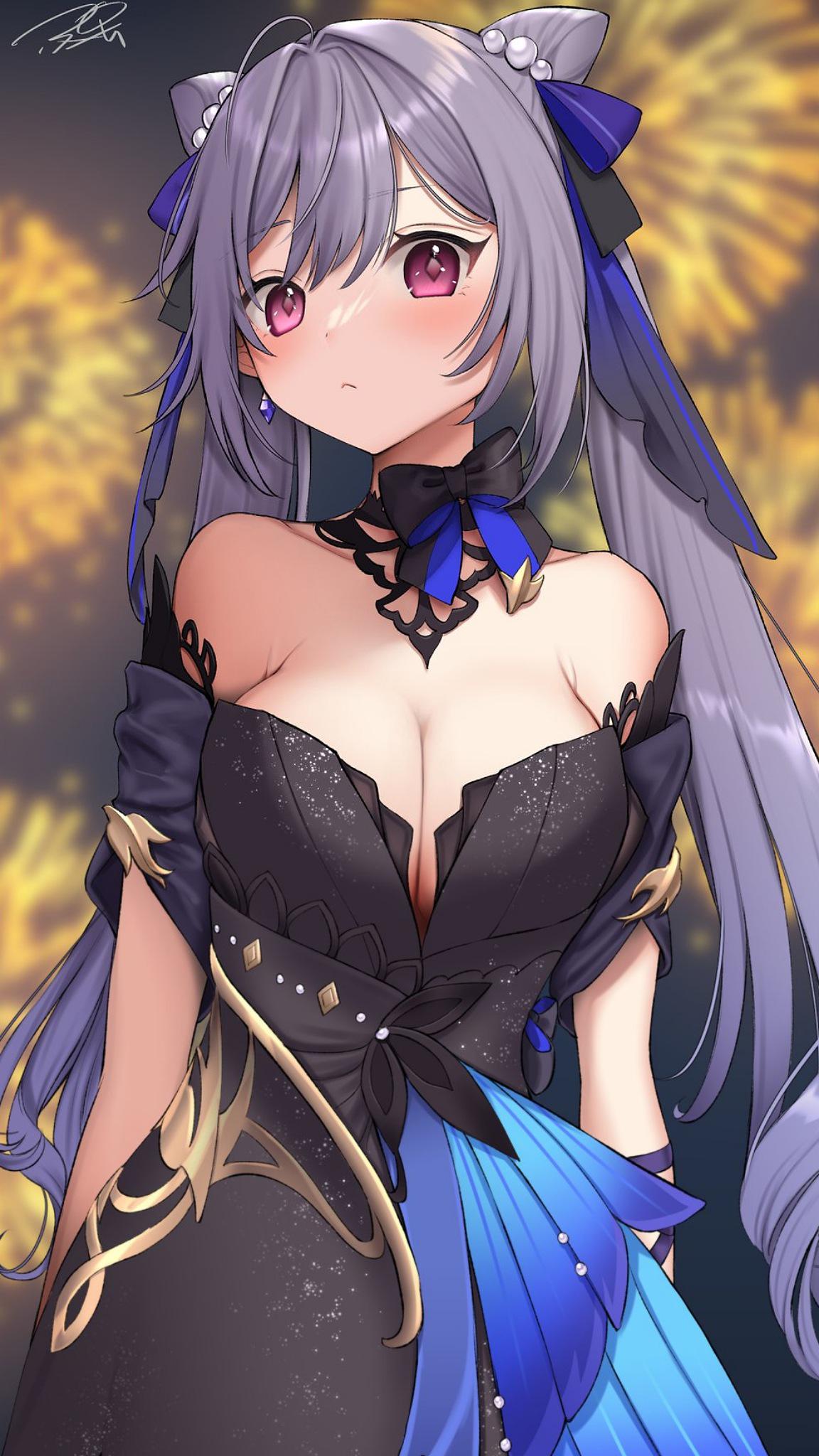 1girls, artist signature, bare shoulders, big breasts, blush, breasts, cleavage, clothed, clothing, female, female focus, female only, fireworks, genshin impact, hair bun, hair ornament, hair ribbon, highres, keqing (genshin impact), keqing (opulent splendor) (genshin impact), large breasts, light skin, light-skinned female, pink eyes, pucchi dayo, purple hair, ribbon, ribbons, signature, twintails