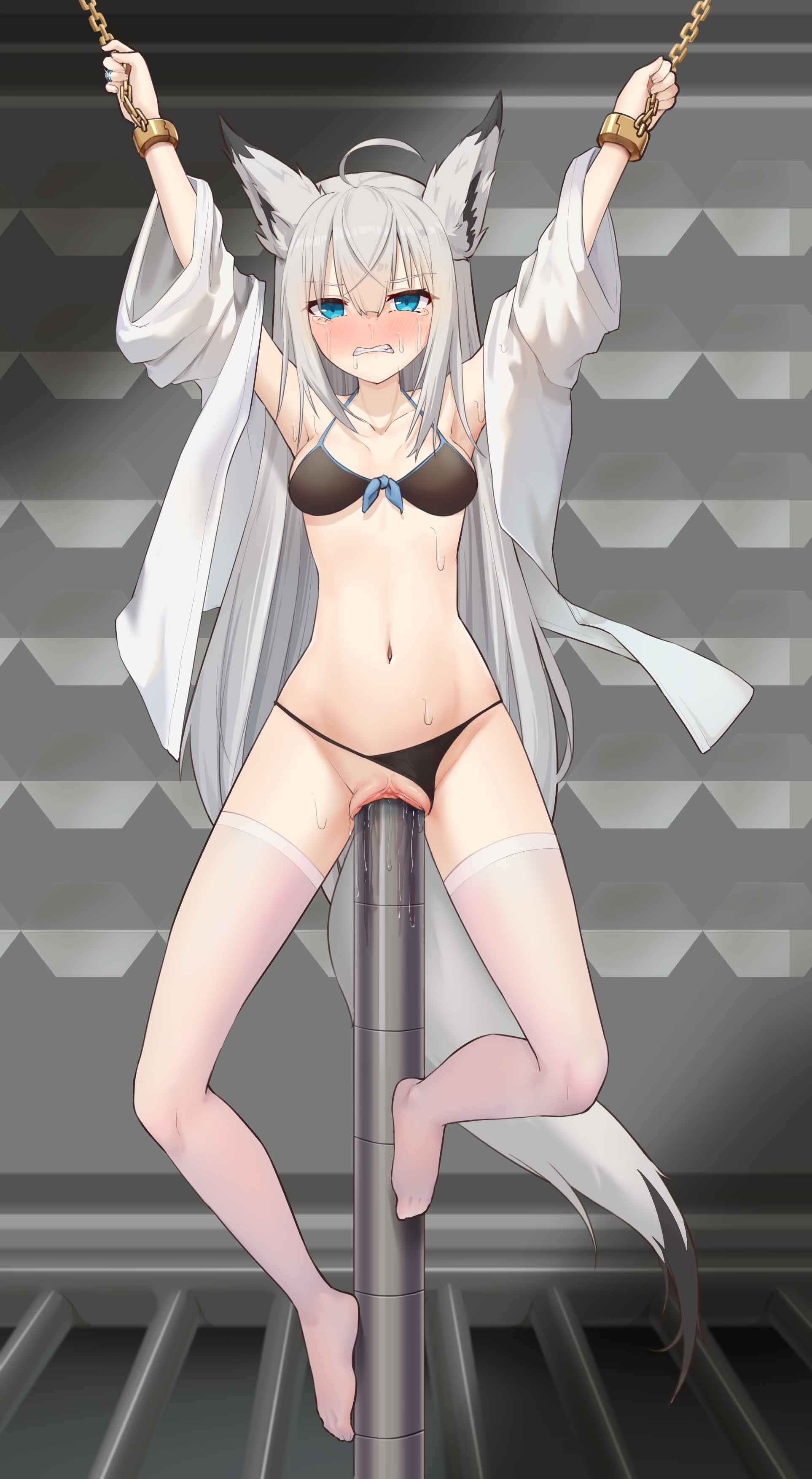 absurd_res animal_humanoid azur_lane blush bodily_fluids bra canid canid_humanoid canine canine_humanoid chained chains clitoris clothing clothing_aside female fox_humanoid genital_fluids genitals hair hi_res humanoid impalement kawakaze_(azur_lane) long_hair mammal mammal_humanoid pussy pussy_juice solo suspension tears underwear underwear_aside white_hair xiaomu314