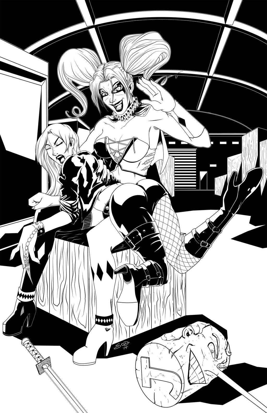 2girls batman_(series) black_and_white dc dc_comics defeated female female_only femdom femsub harley_quinn left_handed mallet marvel marvel_comics open_mouth samurai_sword sitting_on_crate spanking twintails typhoid_mary warehouse