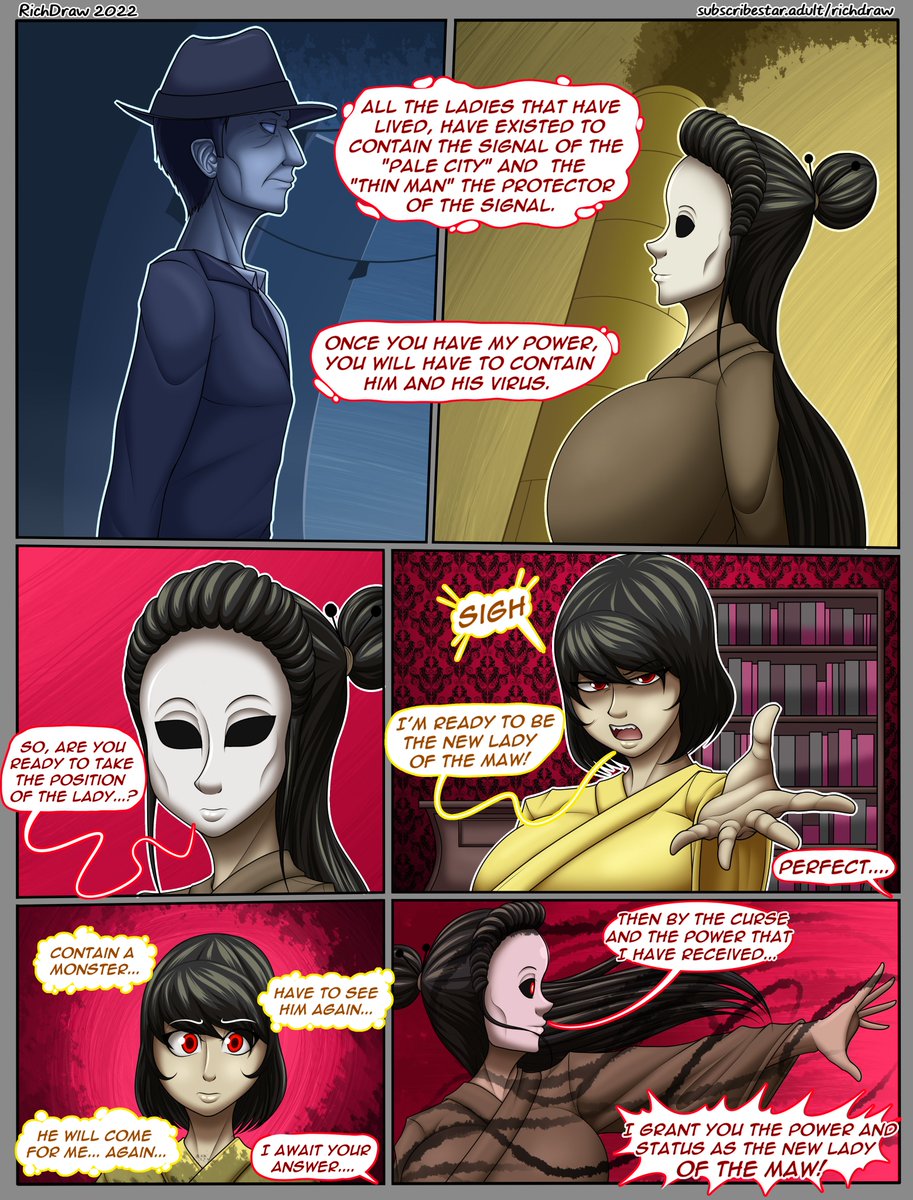 1boy, 2girls, asian female, big breasts, breasts, female, geisha, huge breasts, light skin, light-skinned female, little nightmares, male, masked female, milf, pale skin, pale-skinned female, red eyes, richdraw, richdraw (my lewd little nightmares), six (little nightmares), the lady (little nightmares), the thin man (little nightmares 2)
