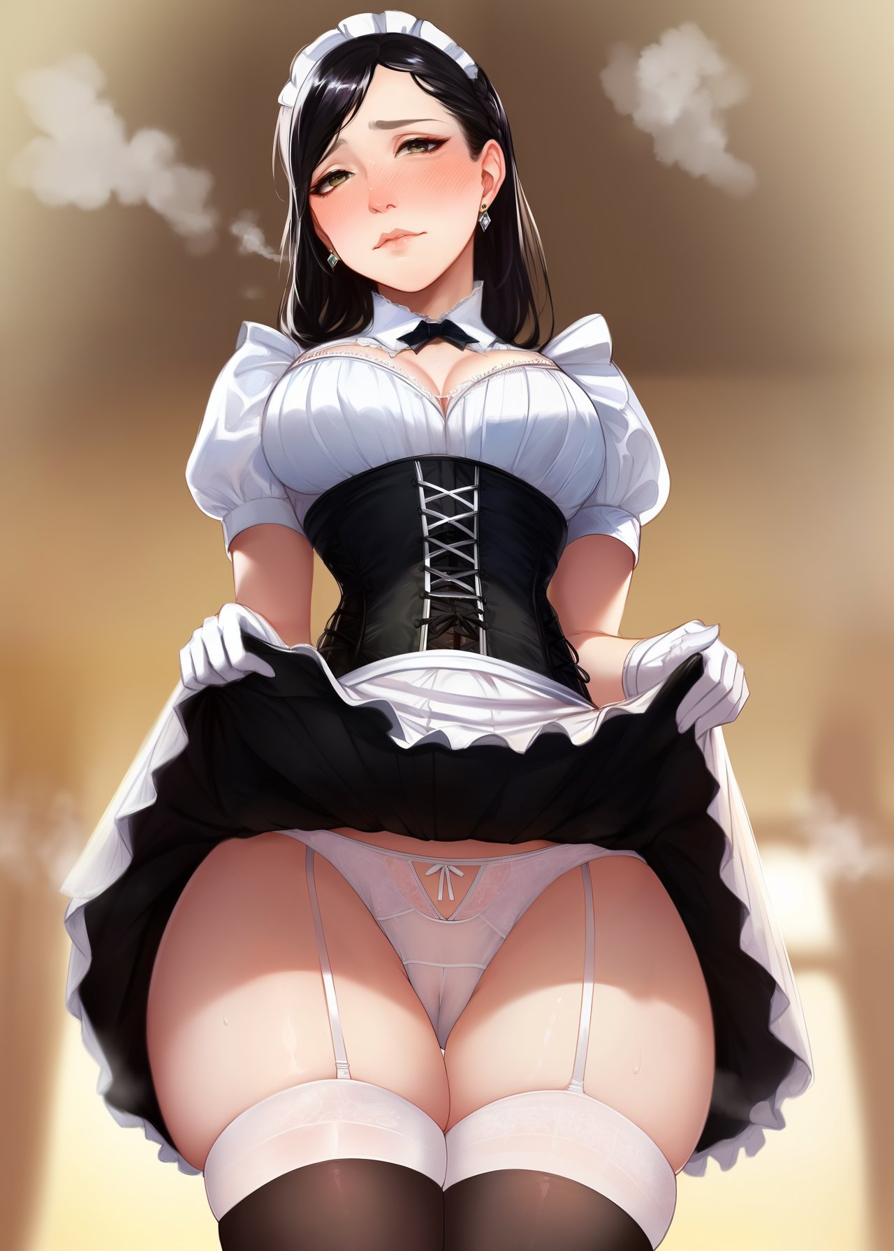 1girls, ai generated, big breasts, black hair, breasts, bulging breasts, female, female only, high resolution, long hair, looking at viewer, maid, maid apron, maid headdress, maid outfit, maid uniform, nai diffusion, original, solo, stable diffusion