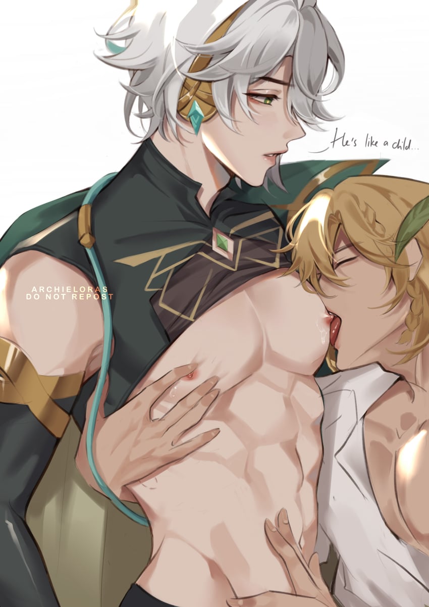 2boys abs alhaitham_(genshin_impact) archieloras bandage big_chest blonde_hair genshin_impact kaveh_(genshin_impact) kavetham luxurious_chest male_nipples muscular nipple_licking nipple_play nipples roommates tongue yaoi