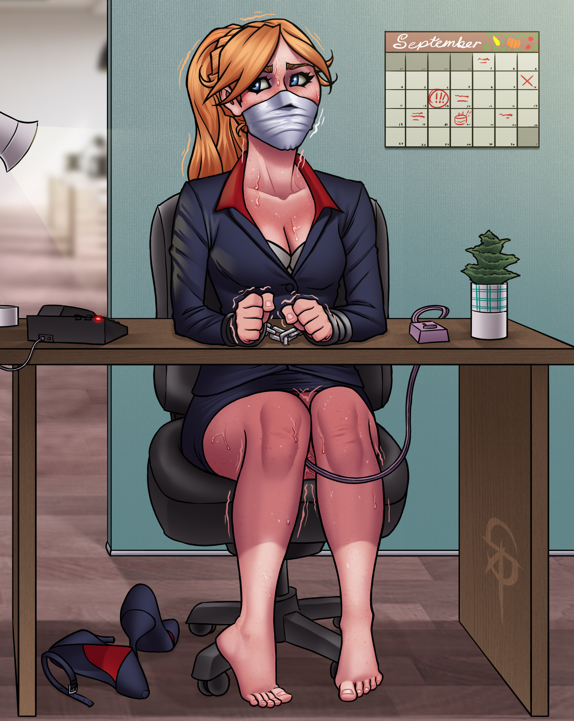 bondage, bound wrists, breasts, character request, cleavage, desk, feet, female, gag, gagged, handcuffs, high heels removed, knees together feet apart, office chair, office lady, pencil skirt, restrained, sneakattack1221, sweat, tape gag, trembling, vibrator, vibrator under clothes