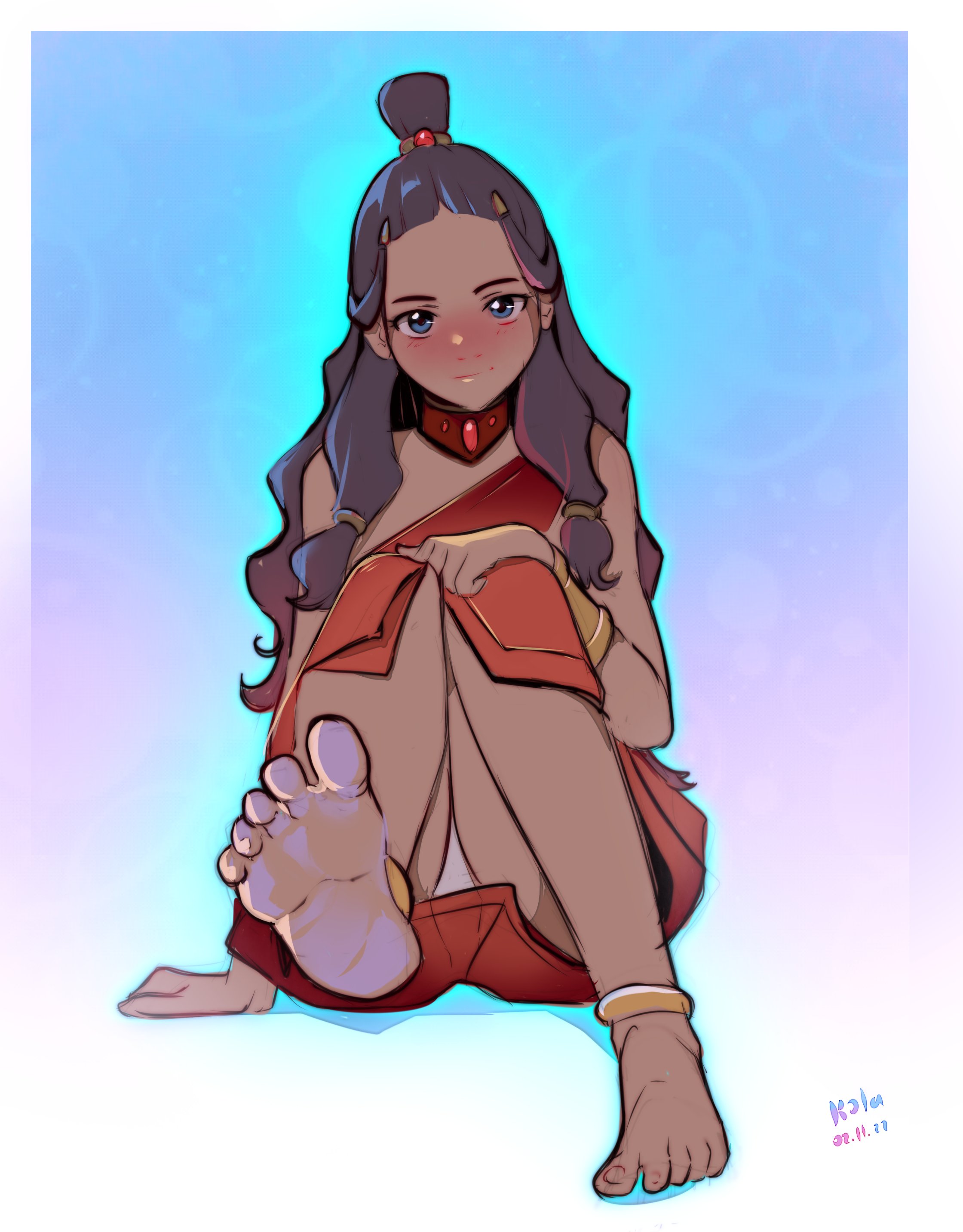 1girls, avatar the last airbender, barefoot, black hair, blush, clothing, dark skin, feet, female, foot fetish, katara, kola411, panties, soles