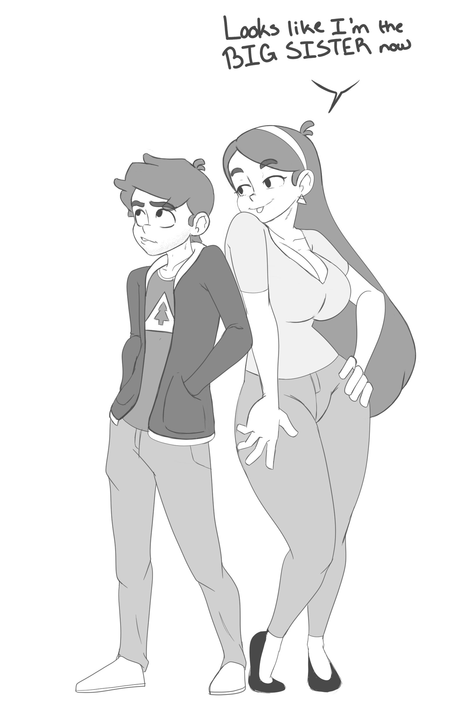 1boy, 1girls, aged up, big breasts, breasts, brother and sister, busty, cleavage, clothed, clothing, dipper pines, disney, disney channel, disney xd, earrings, english text, eyebrows visible through hair, female, flats, fully clothed, gravity falls, hourglass figure, human, human only, jacket, klassyarts (artist), long hair, mabel pines, male, monochrome, non-nude, pants, shirt, shoes, siblings, straight hair, teasing, text, tongue, tongue out, white background, wholesome, wide hips