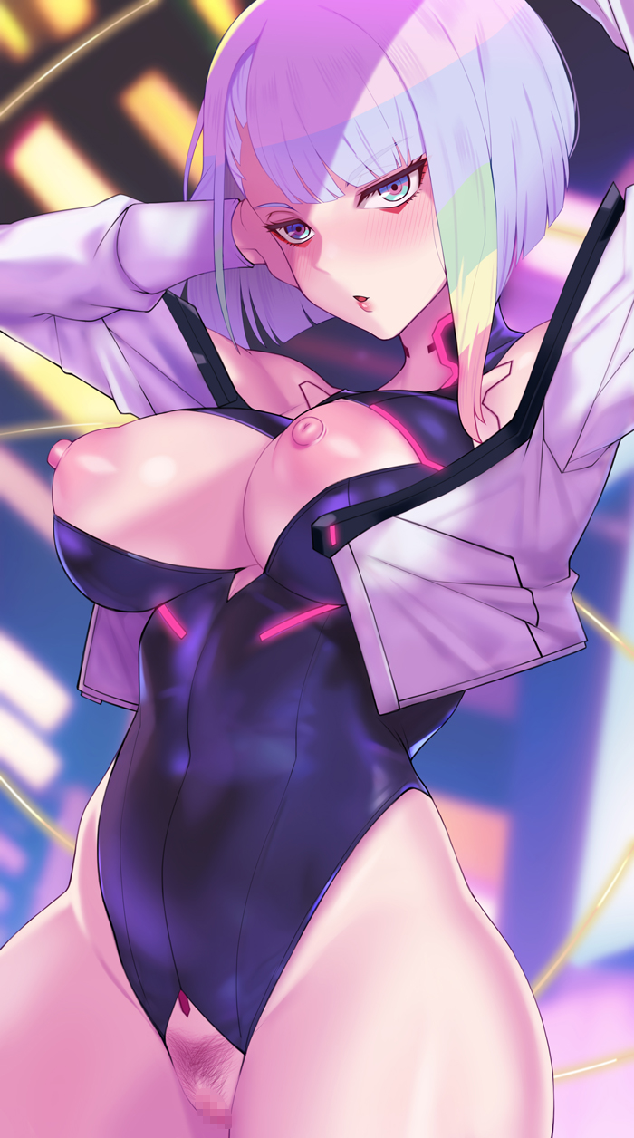 1girls, arms up, blue eyes, blush, breasts, breasts out, cd projekt red, censored, cropped jacket, crotchless clothes, cyberpunk 2077, cyberpunk: edgerunners, female, green eyes, highres, jacket, large breasts, leotard, lucyna kushinada, mosaic censoring, multicolored hair, nipples, nt00, open clothes, open jacket, parted lips, pink hair, pubic hair, red hair, solo, solo female, studio trigger, thick thighs, thighs, white jacket, yellow hair