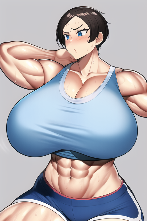 1girls abs ai_generated biceps blue_eyes blue_shorts blue_tank_top blush cleavage dark_hair dolphin_shorts female female_only gigantic_breasts huge_breasts massive_breasts midriff muscular muscular_arms muscular_female muscular_thighs nai_diffusion short_shorts shorts solo stable_diffusion sweat tank_top thick_thighs voluptuous wide_hips