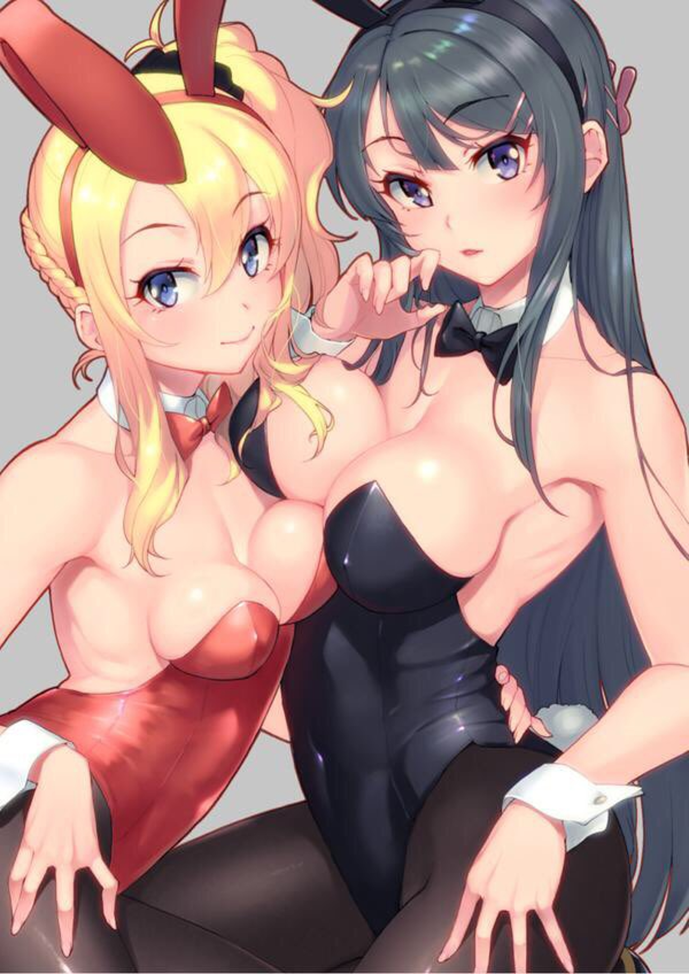 2girls, black hair, bowtie, bunny ears, bunnysuit, detached collar, female, leotard, looking at viewer, pantyhose, sakurajima mai, seishun buta yarou wa bunny girl senpai no yume wo minai, siblings, sisters, touching, touching breast, toyohama nodoka, wrist cuffs