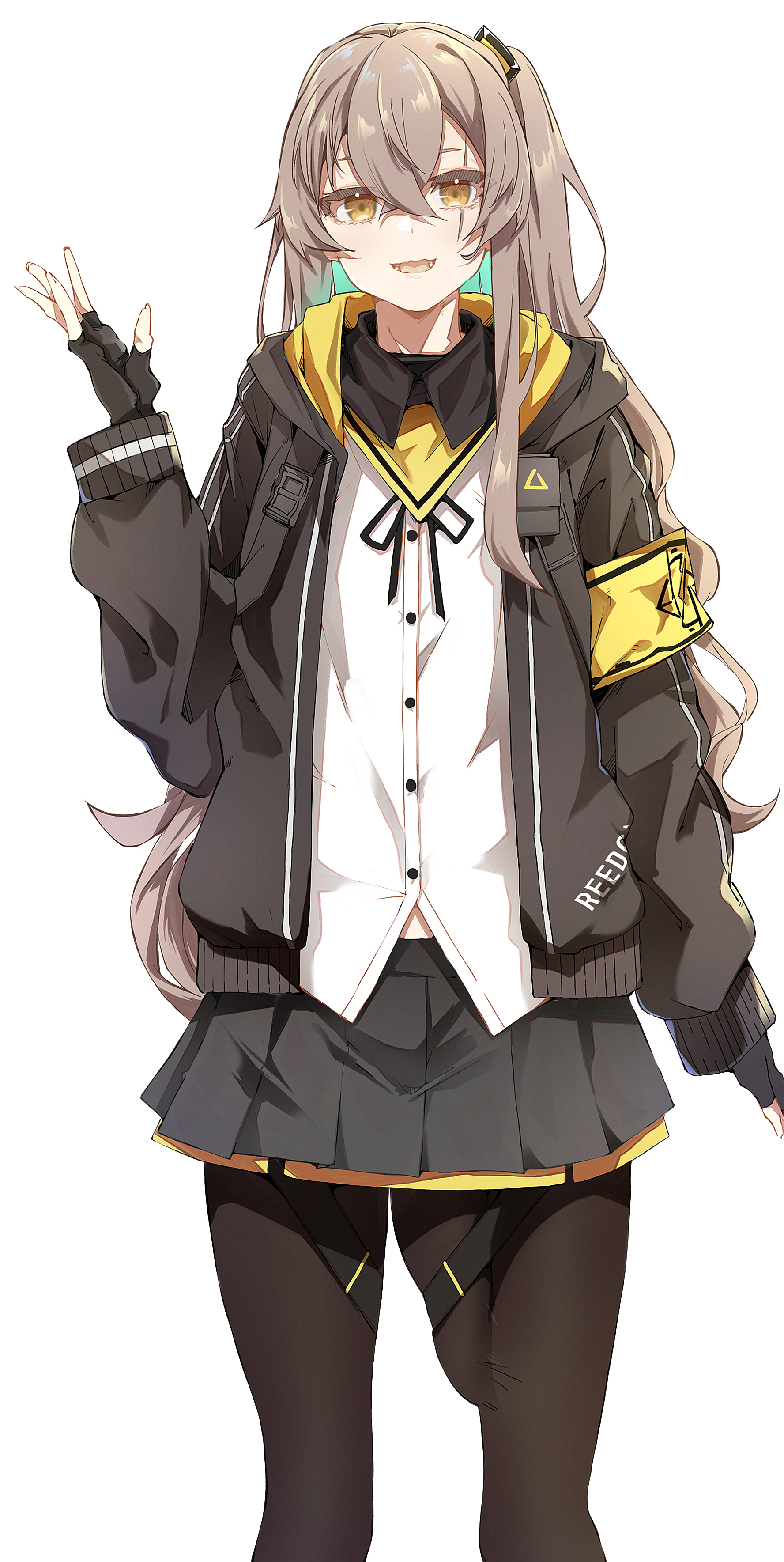 1futa, 2022, big penis, black legwear, bulge, clothed, clothing, cowboy shot, erection under clothes, fingerless gloves, fully clothed, futa only, futanari, girls' frontline, gloves, human, intersex, itiban blow, legwear, light skin, light-skinned futa, long hair, looking at viewer, penis, penis under clothes, skirt, smile, solo, standing, ump45 (girls' frontline), yellow eyes
