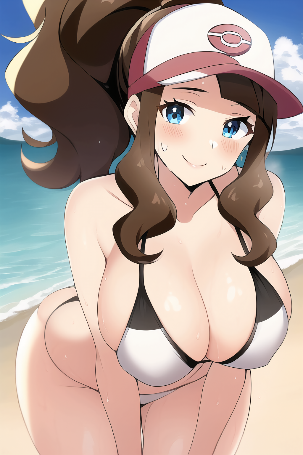 1girls ai_generated beach big_breasts bikini blush breasts busty cleavage curvy female game_freak hands_on_legs hands_on_own_legs hands_on_own_thighs hands_on_thighs hilda_(pokemon) large_breasts looking_at_viewer nai_diffusion nintendo pokemon smile solo stable_diffusion white_bikini