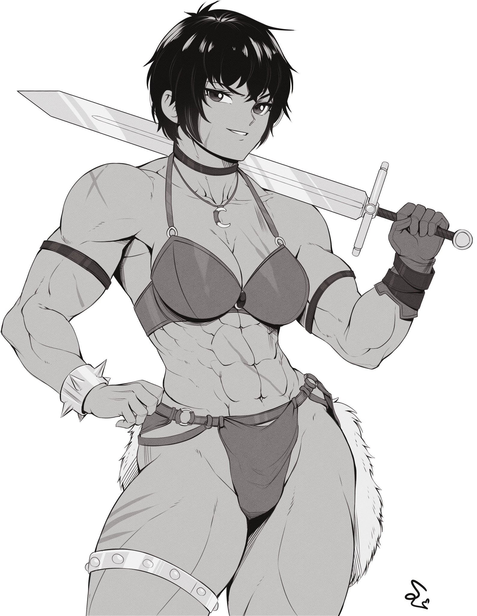 1girls, abs, absurd res, artist signature, bare shoulders, barely clothed, biceps, bob cut, bra, bracelet, breasts, choker, cleavage, female, female focus, female only, forearm muscles, fur, gloves, greyscale, hand on hip, hi res, looking at viewer, medium breasts, messy hair, monochrome, muscles, muscular, muscular arms, muscular female, muscular legs, necklace, original, original character, pose, quads, scar, serratus anterior, short hair, sidelocks, simple background, smile, solo, solo female, solo focus, speedl00ver, spiked bracelet, standing, sword, thick thighs, triceps, very short hair, weapon