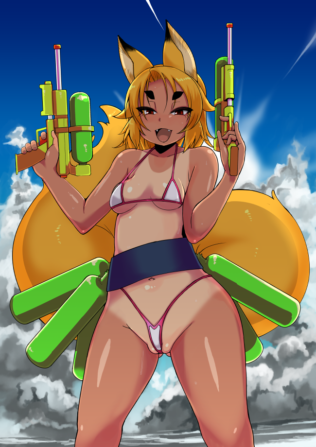 animal_ears ass_visible_through_thighs blonde_hair dark_body dark_skin fangs skimpy small_bikini small_breasts small_fangs suntan swimwear tail water_gun yuuki_yuma