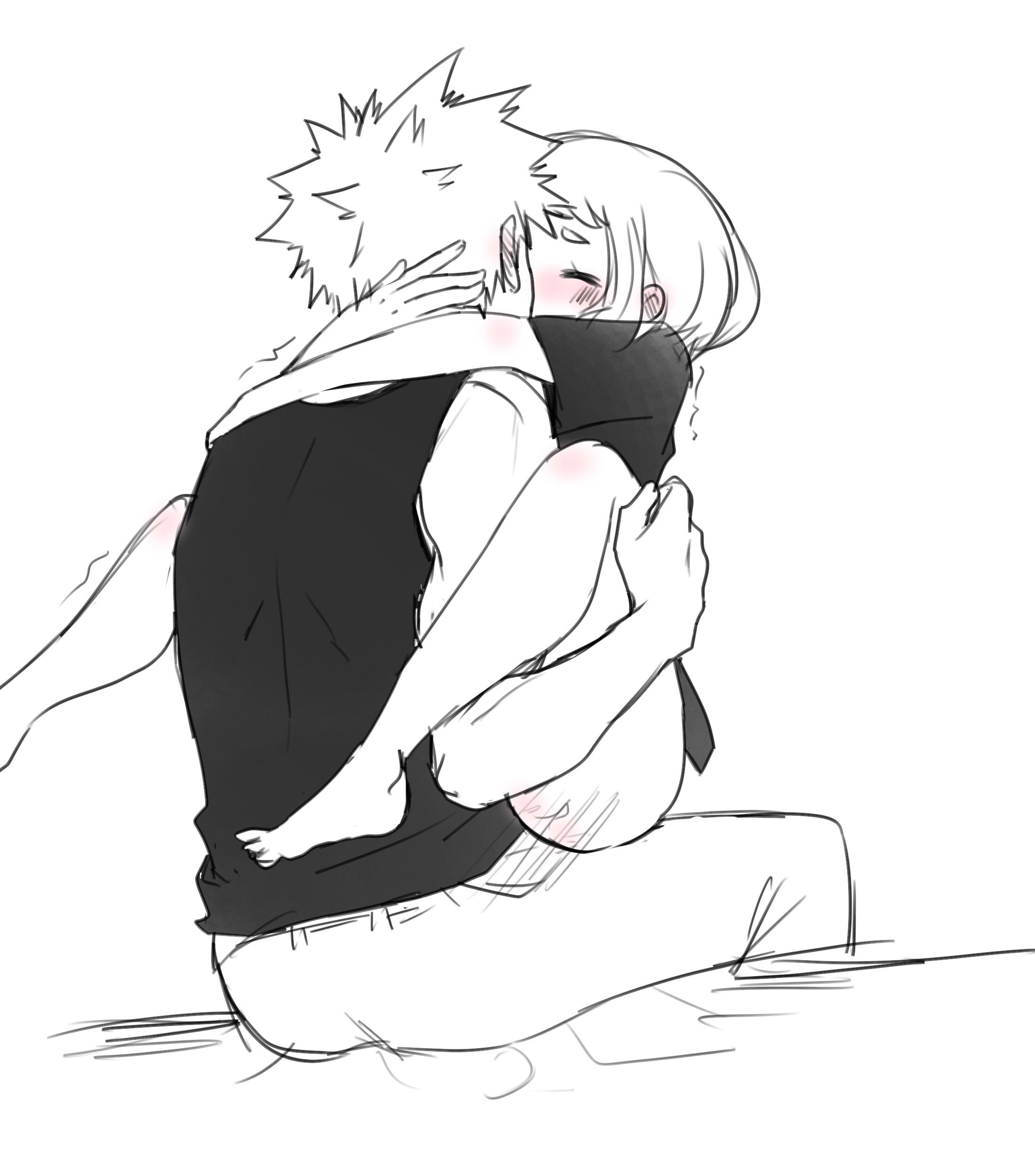 1boy, 1girls, arms around neck, black and white, blush, closed eyes, embrace, embracing, female, female penetrated, grchloex, holding partner, hugging, katsuki bakugou, kissing, kissing while penetrated, male, male penetrating, male/female, my hero academia, ochako uraraka, on lap, partially clothed, pussy, romantic, sex, spiky hair, straight, vaginal penetration