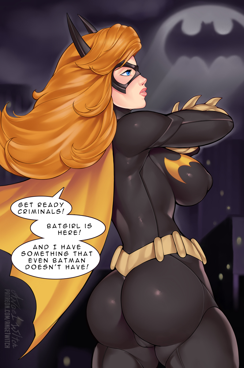 2022, ange1witch, ass, barbara gordon, batgirl, big breasts, blonde hair, bragging, breasts, bulging breasts, busty, confident, dc, dc comics, english text, erect nipples, female, high resolution, justice league, latex suit, long hair, nipple bulge, nipples, redhead, round ass, skin tight, speech bubble, superheroine