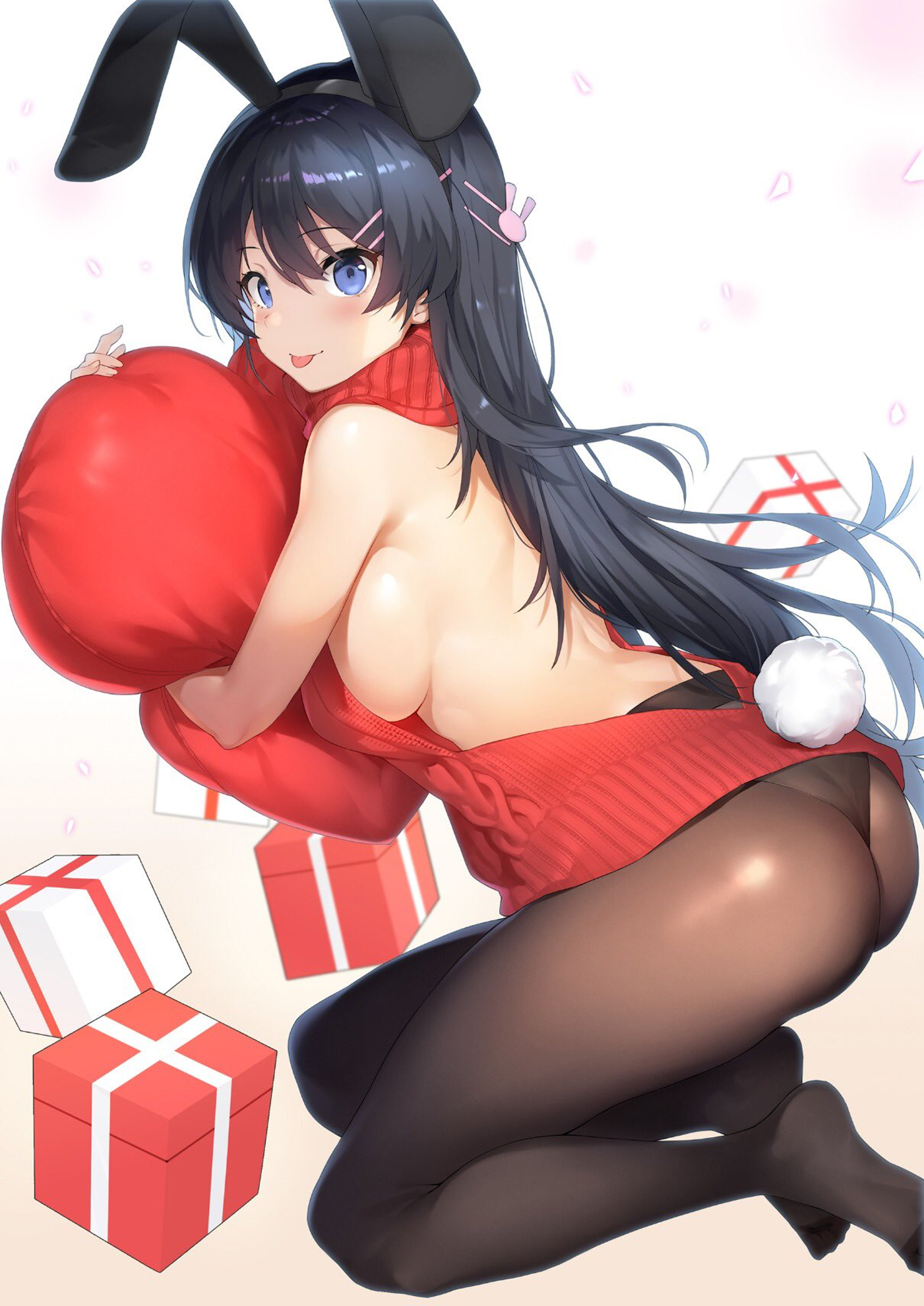 1girls, black hair, breasts, bunny ears, bunny tail, female, female only, heart pillow, looking at viewer, panties, pantyhose, pillow, sakurajima mai, seishun buta yarou wa bunny girl senpai no yume wo minai, sideboob, solo, tongue, tongue out, virgin killer sweater
