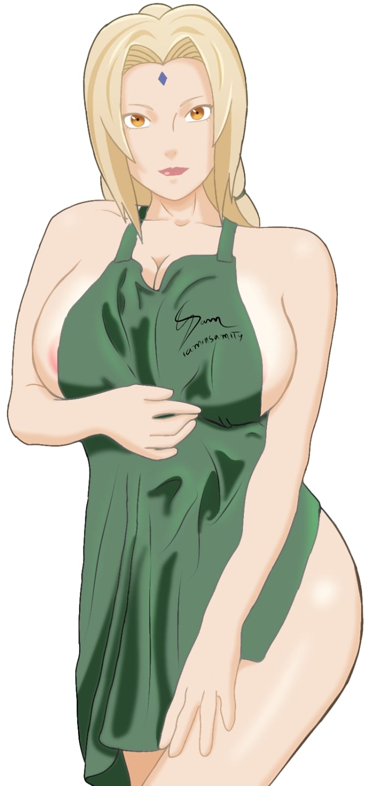 1girls apron apron_only areola areola_slip big_breasts blonde_hair breasts brown_eyes clothed_female curvaceous curvy curvy_figure facial_mark female female_only forehead_mark functionally_nude huge_breasts iaminsamity long_hair looking_at_viewer mature mature_female mostly_nude naked_apron naruto naruto_(series) naruto_shippuden solo solo_focus tied_hair tsunade twintails wide_hips