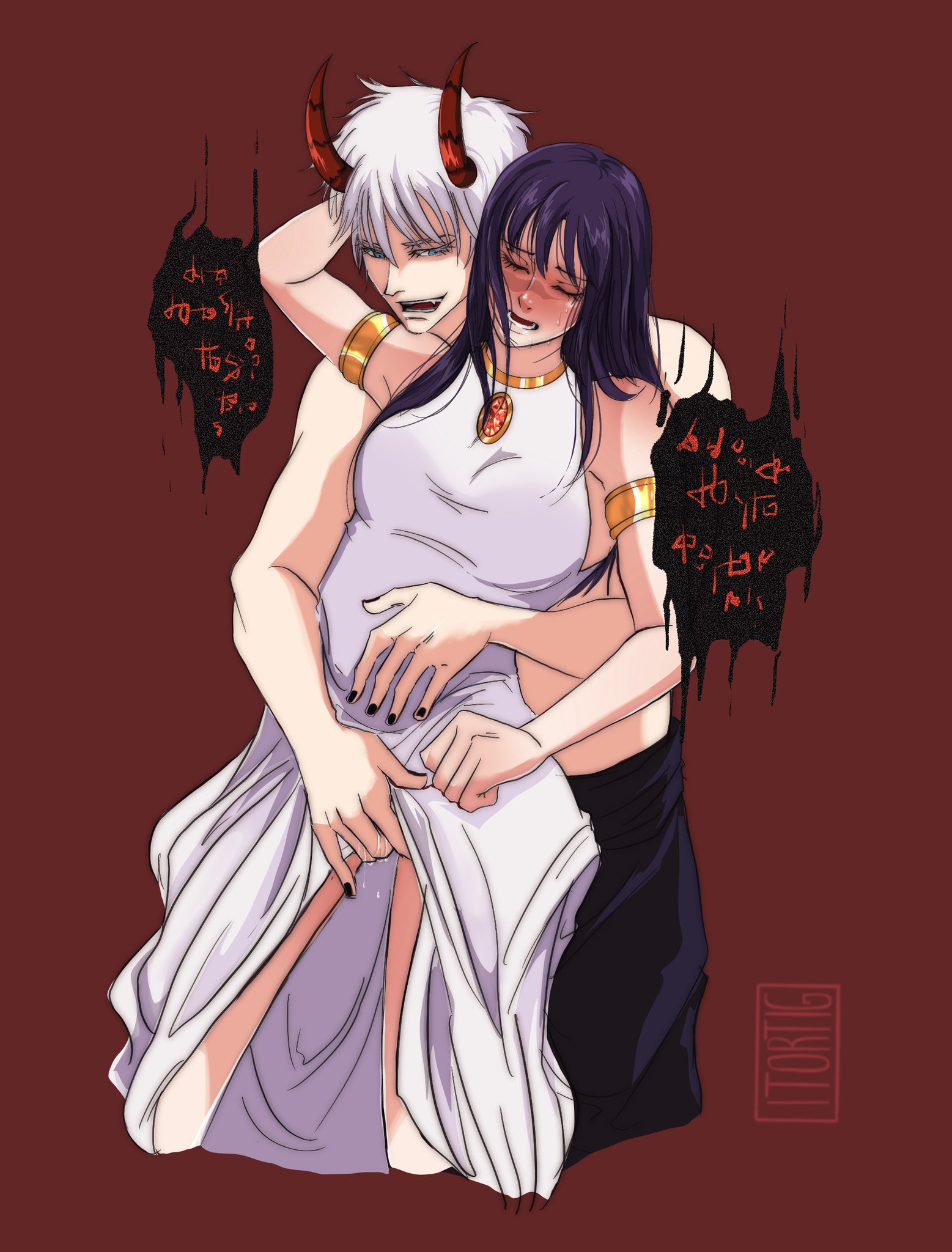 1boy, 1girls, blue eyes, blush, closed eyes, demon horns, devil horns, dress lift, dripping pussy, female, femsub, fingering, fingering partner, fingering pussy, fingering under clothes, halloween, horns, itortig, jujutsu kaisen, male, male/female, maledom, oni horns, open mouth, pussy, satoru gojo, standing, straight, utahime iori, white hair