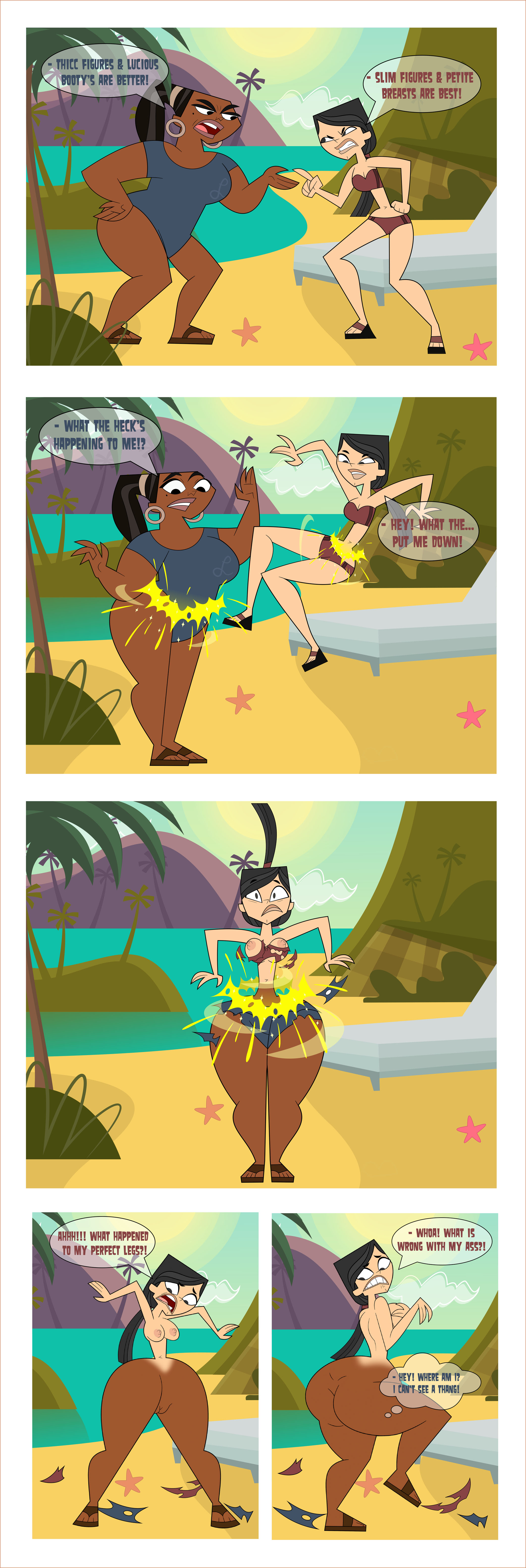2d, 2girls, accurate art style, ass, big ass, big breasts, big butt, bikini, bottom heavy, breasts, comic, dark skin, dark-skinned female, dialogue, female, female only, flip flops, fusion, heather (tdi), hourglass figure, huge ass, huge butt, leshawna (tdi), light skin, light-skinned female, merging, multicolored body, multiple females, multiple girls, narrow waist, nipples, nude, nude female, one-piece swimsuit, pennsatucky, sandals, speech bubble, swimsuit, tagme, thick thighs, torn clothes, total drama (series), total drama island, wide hips